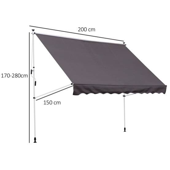 Store banne rétractable manuelle 200 x 150 x 170-280 cm pour balcon et terrasse, hauteur réglable et manivelle, gris - Image 5