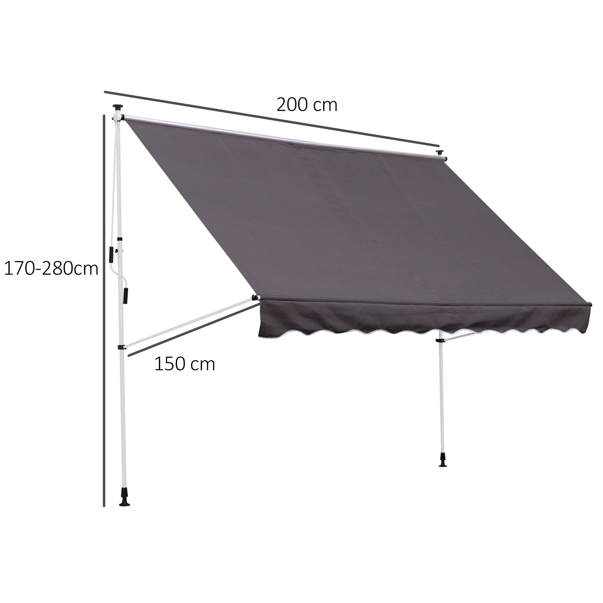 Store banne rétractable manuelle 200 x 150 x 170-280 cm pour balcon et terrasse, hauteur réglable et manivelle, gris - Image 5