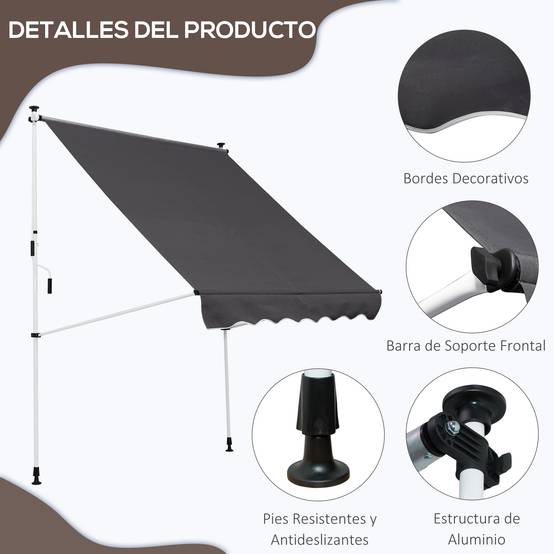 Store banne rétractable manuelle 200 x 150 x 170-280 cm pour balcon et terrasse, hauteur réglable et manivelle, gris - Image 8