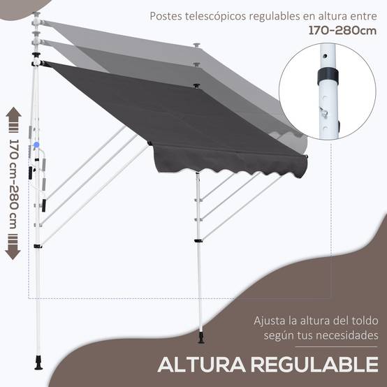 Store banne rétractable manuelle 200 x 150 x 170-280 cm pour balcon et terrasse, hauteur réglable et manivelle, gris - Image 7