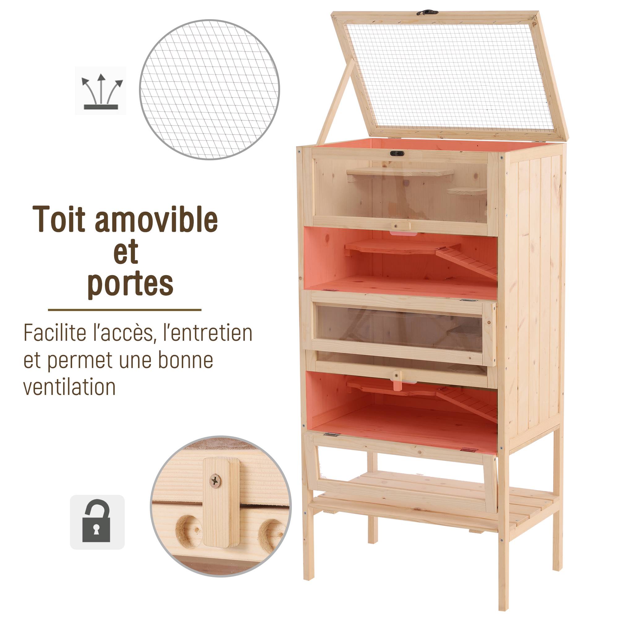 Cage pour rongeurs bois de pin naturel 60 x 40 x 120 cm - PANGIVO - Image 7