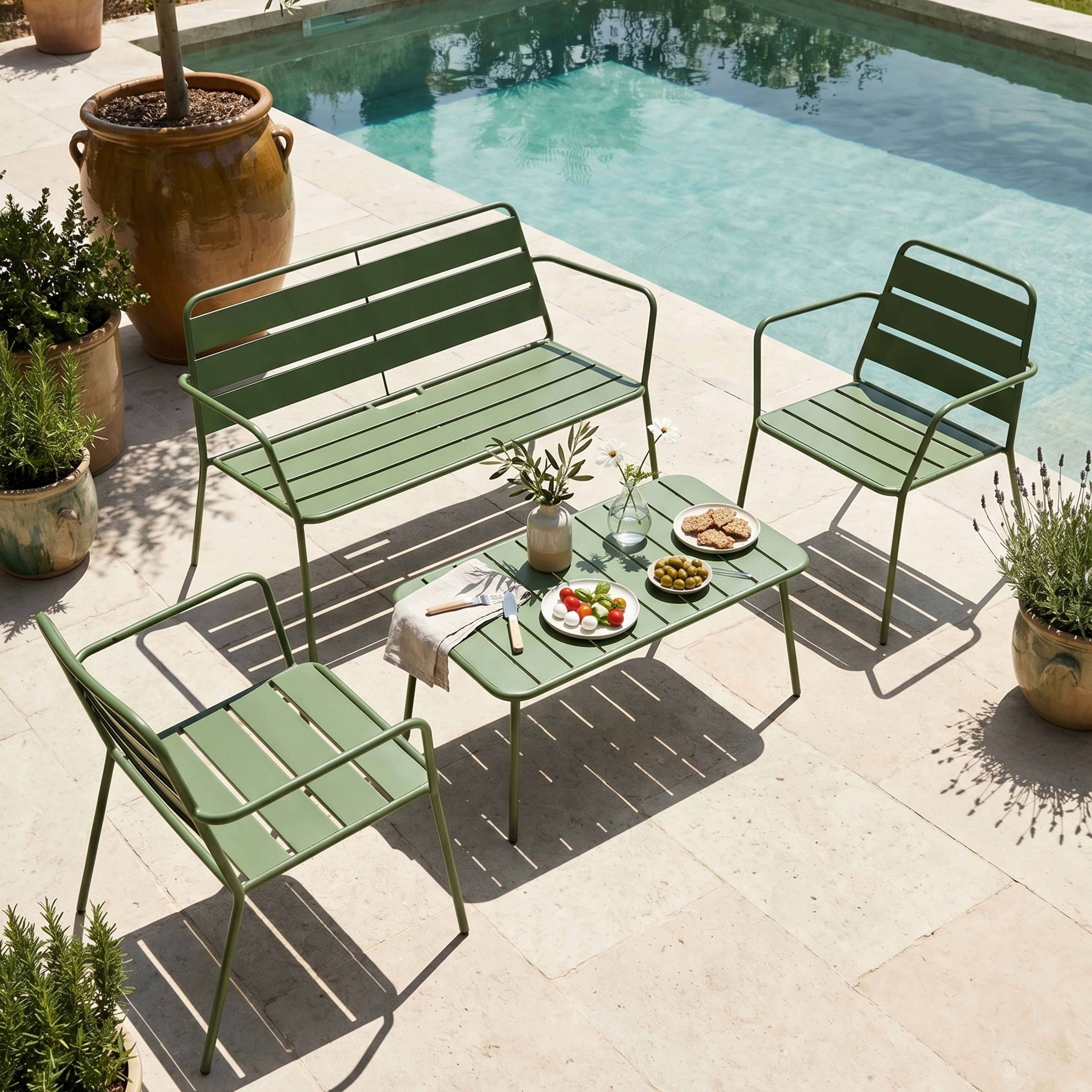 Oviala - Salon de jardin 4 places et 1 table basse en acier vert cactus Palavas - Oviala - Image 2