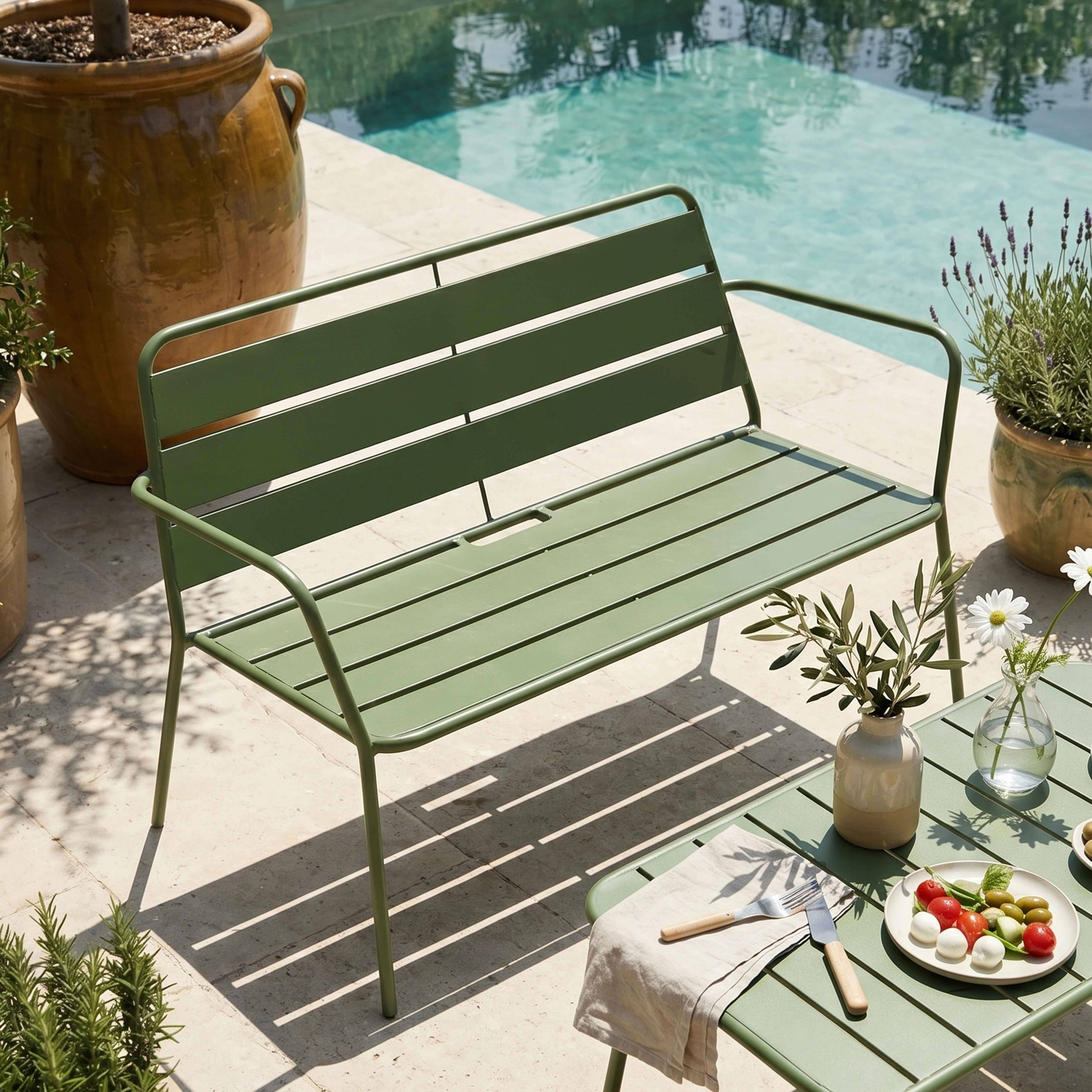 Oviala - Salon de jardin 4 places et 1 table basse en acier vert cactus Palavas - Oviala - Image 3