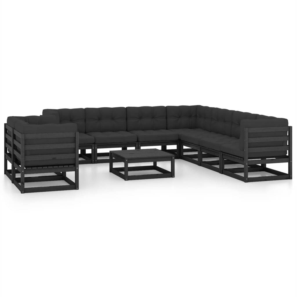 Helloshop26 - Salon de jardin meuble d'extérieur ensemble de mobilier 10 pièces avec coussins noir bois de pin massif - Image 1