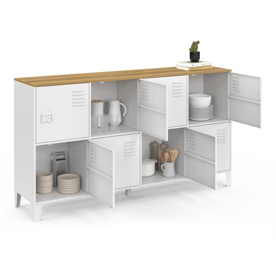 Buffet casier 139 cm ESTER 8 portes en métal blanc plateau bois design industriel - Image 4