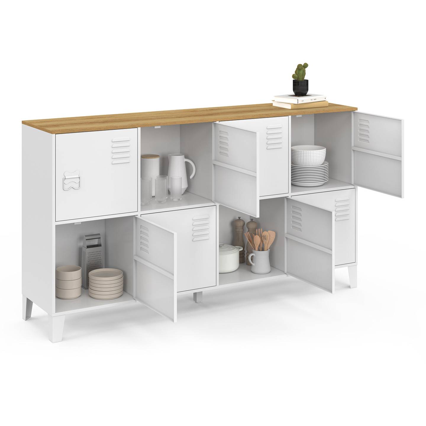 Buffet casier 139 cm ESTER 8 portes en métal blanc plateau bois design industriel - Image 4