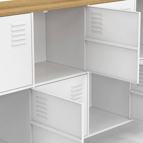 Buffet casier 139 cm ESTER 8 portes en métal blanc plateau bois design industriel - Image 6