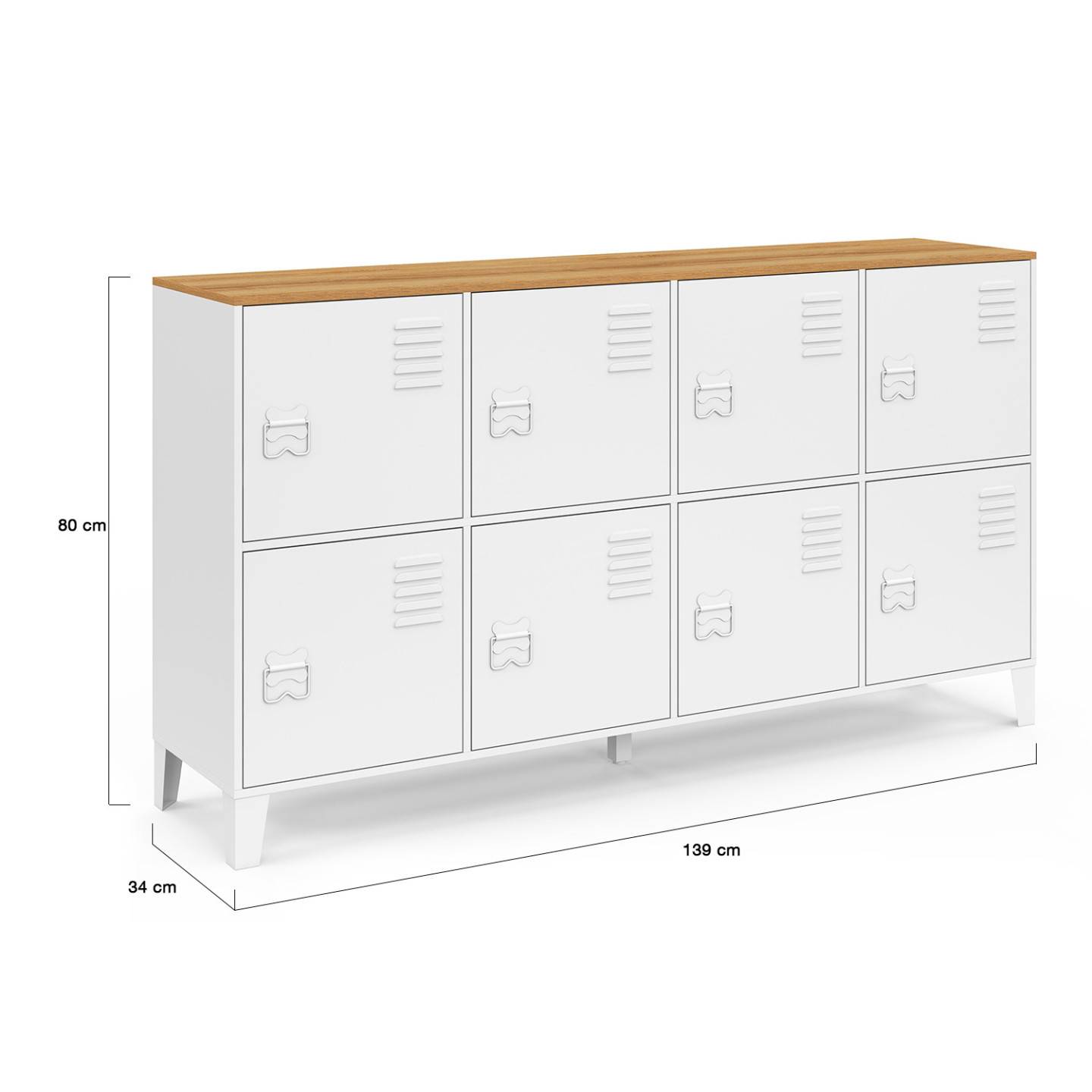 Buffet casier 139 cm ESTER 8 portes en métal blanc plateau bois design industriel - Image 5