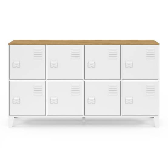 Buffet casier 139 cm ESTER 8 portes en métal blanc plateau bois design industriel - Image 3