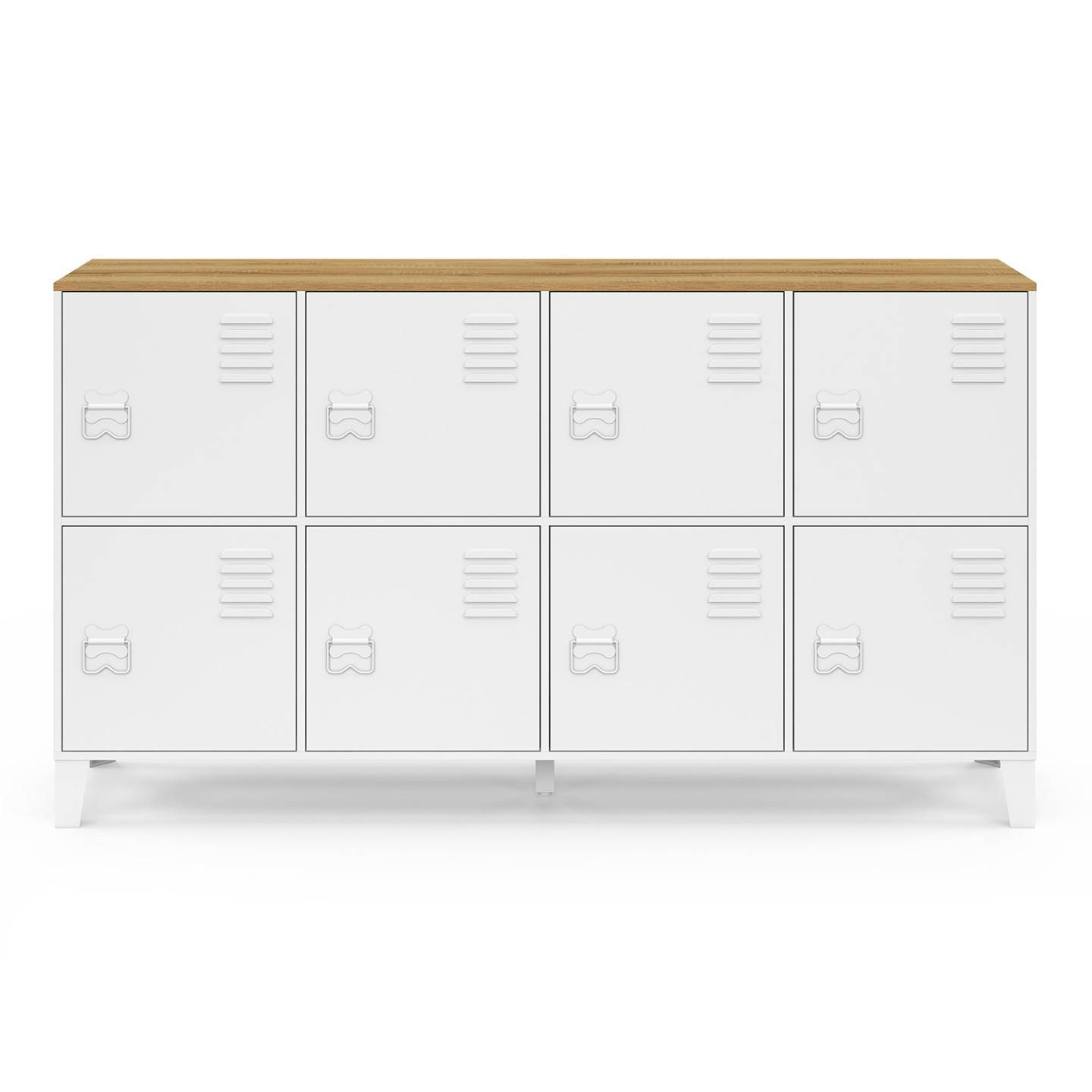 Buffet casier 139 cm ESTER 8 portes en métal blanc plateau bois design industriel - Image 3
