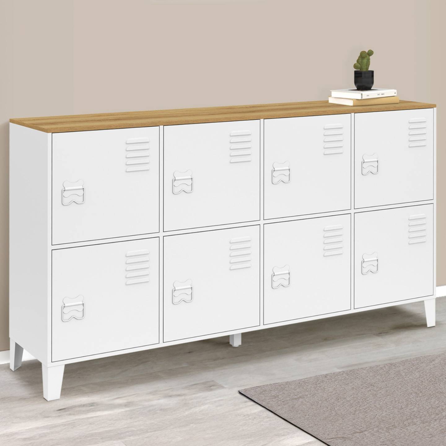 Buffet casier 139 cm ESTER 8 portes en métal blanc plateau bois design industriel - Image 1