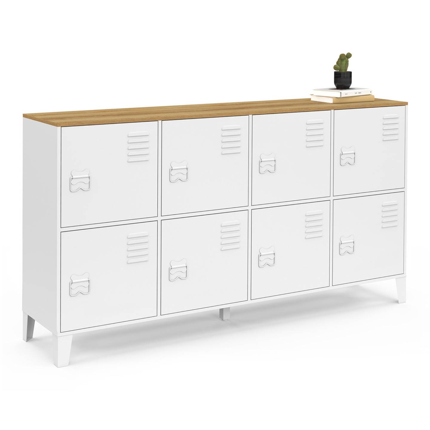 Buffet casier 139 cm ESTER 8 portes en métal blanc plateau bois design industriel - Image 2