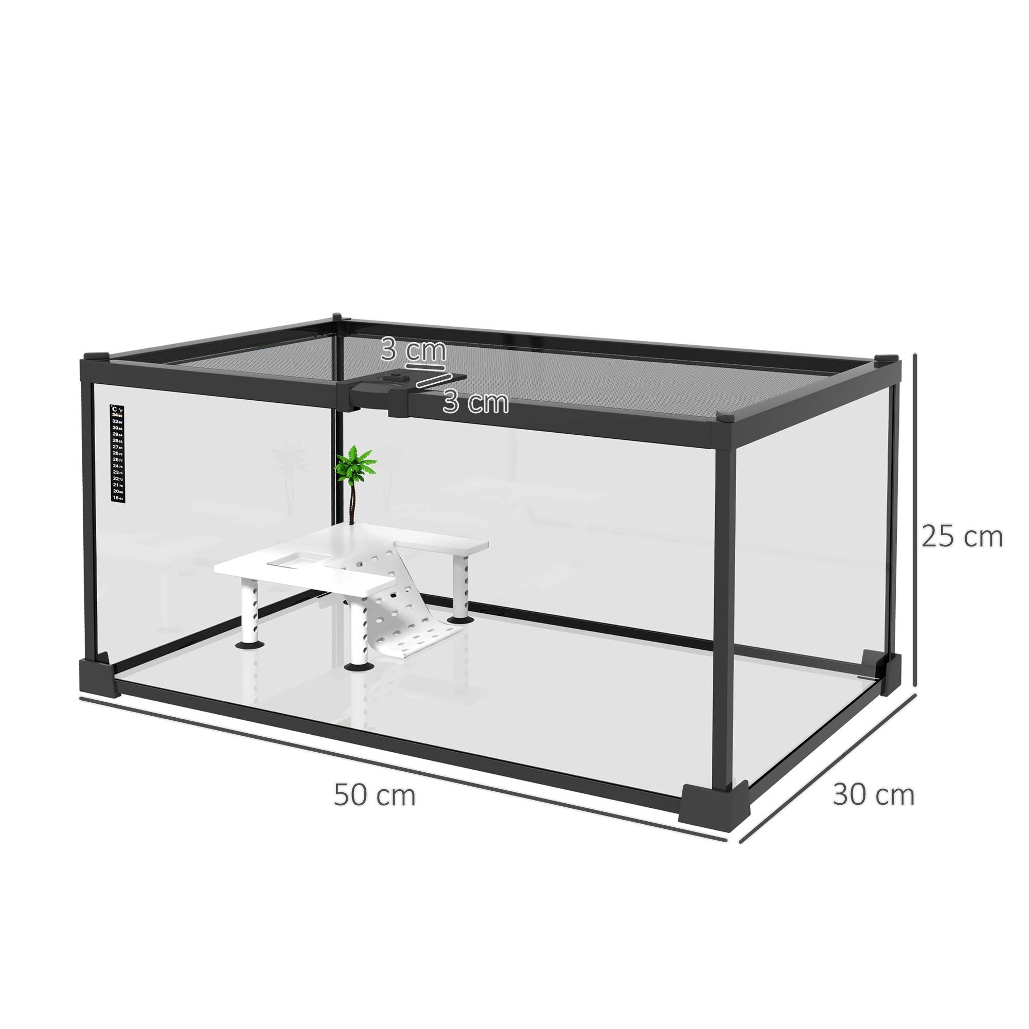 Aquarium pour Tortues avec Plateforme de Repos, Couvercle Coulissant en Filet, Thermomètre, 50x30x25cm, Blanc - Image 5