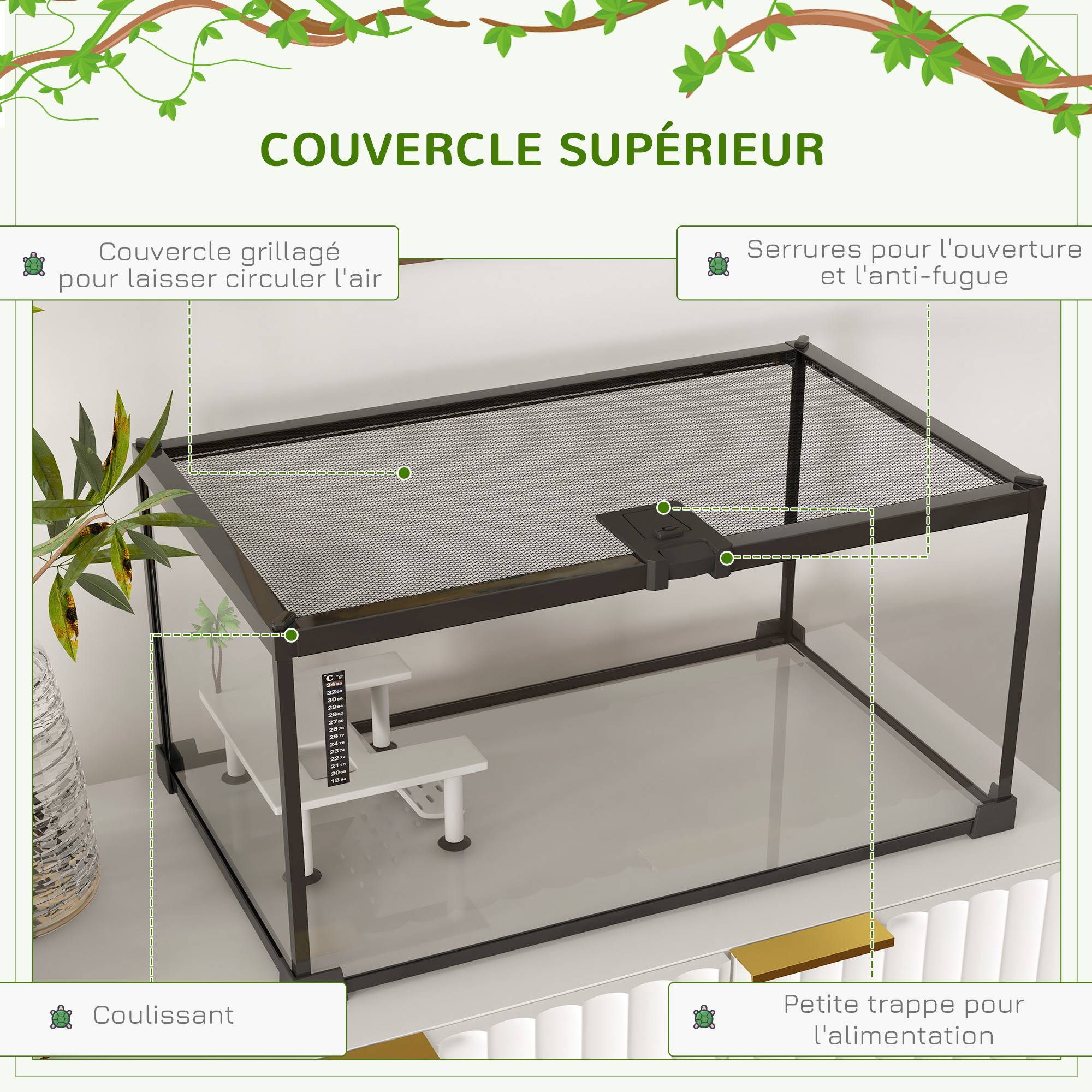 Aquarium pour Tortues avec Plateforme de Repos, Couvercle Coulissant en Filet, Thermomètre, 50x30x25cm, Blanc - Image 7