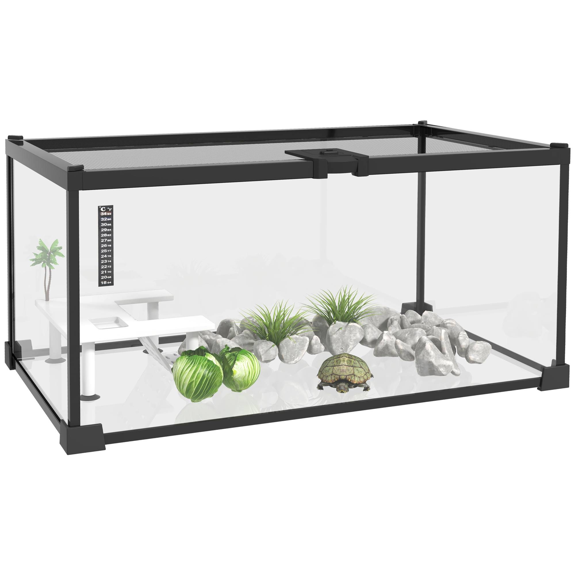 Aquarium pour Tortues avec Plateforme de Repos, Couvercle Coulissant en Filet, Thermomètre, 50x30x25cm, Blanc