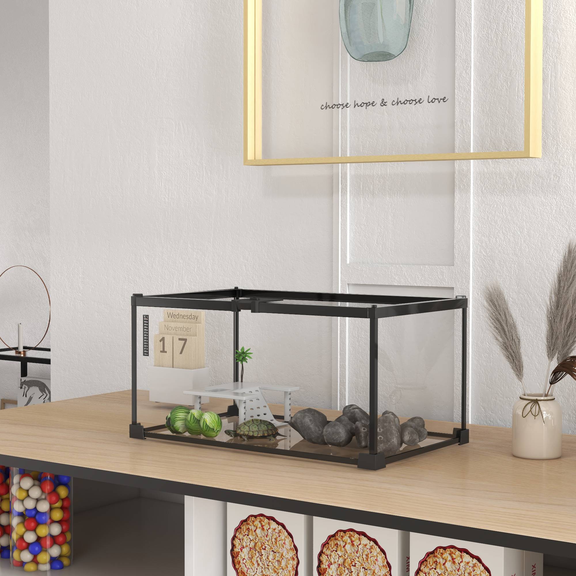 Aquarium pour Tortues avec Plateforme de Repos, Couvercle Coulissant en Filet, Thermomètre, 50x30x25cm, Blanc - Image 3
