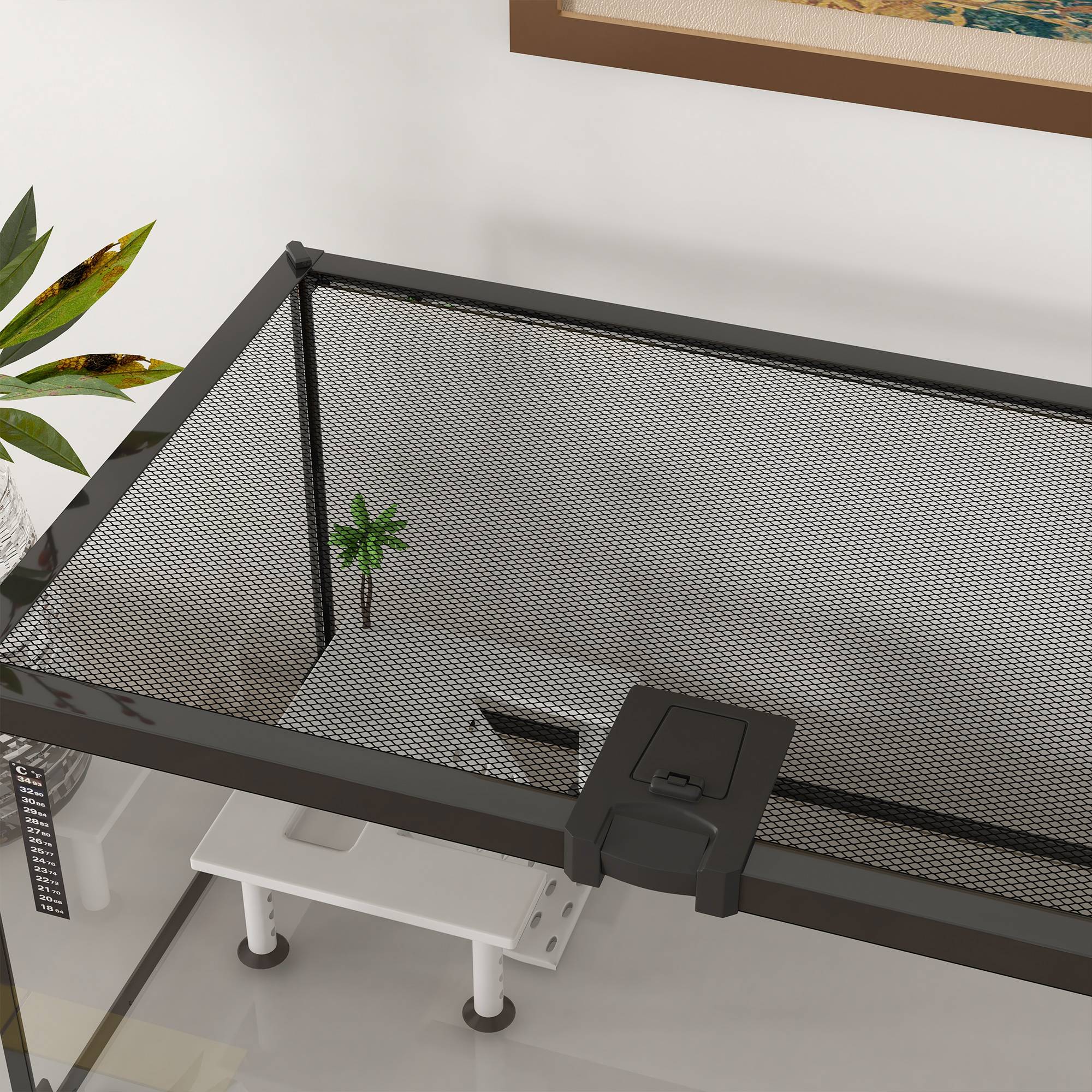 Aquarium pour Tortues avec Plateforme de Repos, Couvercle Coulissant en Filet, Thermomètre, 50x30x25cm, Blanc - Image 10