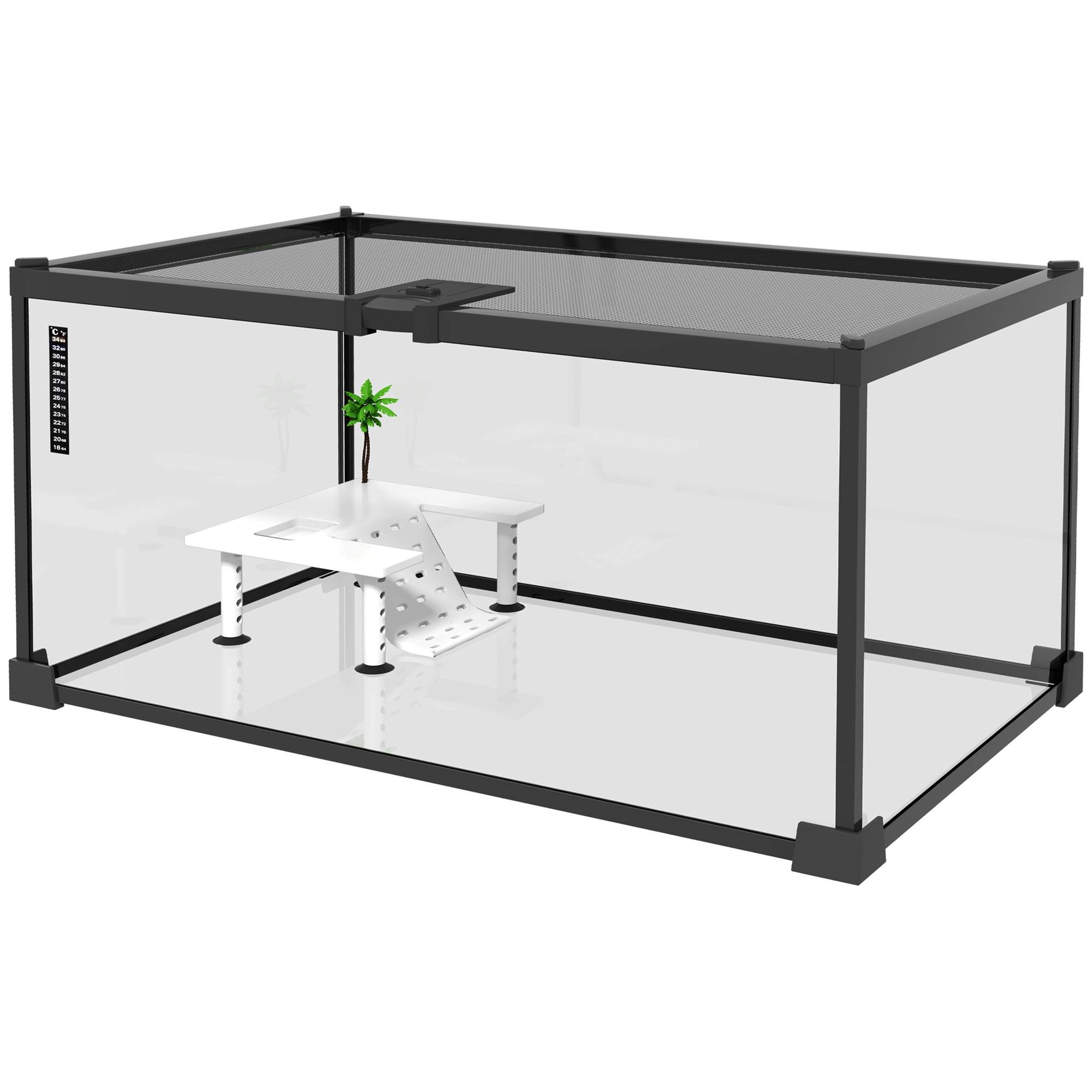 Aquarium pour Tortues avec Plateforme de Repos, Couvercle Coulissant en Filet, Thermomètre, 50x30x25cm, Blanc - Image 2