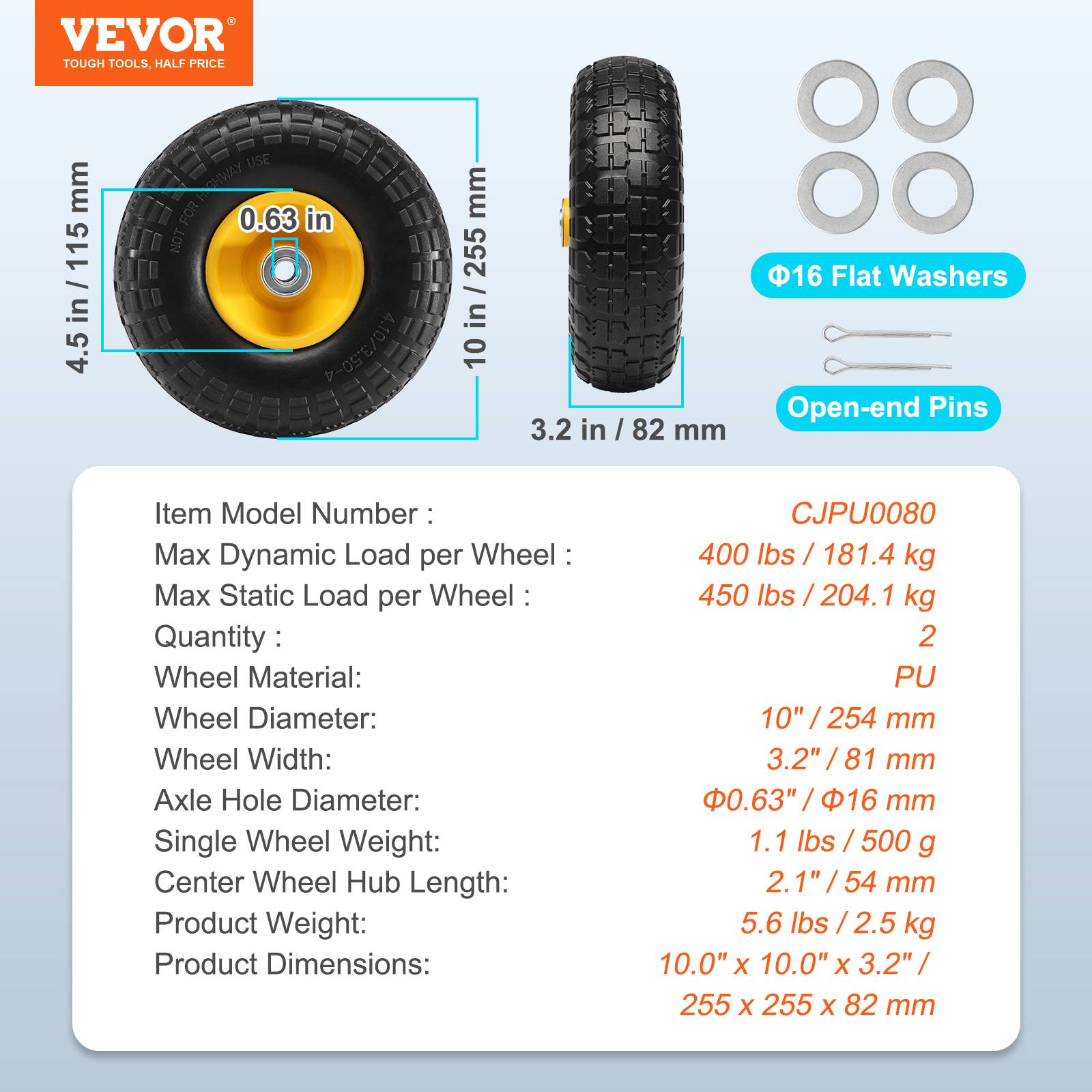 Vevor - VEVOR Roue pleine PU 254 mm, lot 2. Charge dynamique 181,4 kg, statique 204,1 kg. Pour diable, chariot, remorque. - Image 7