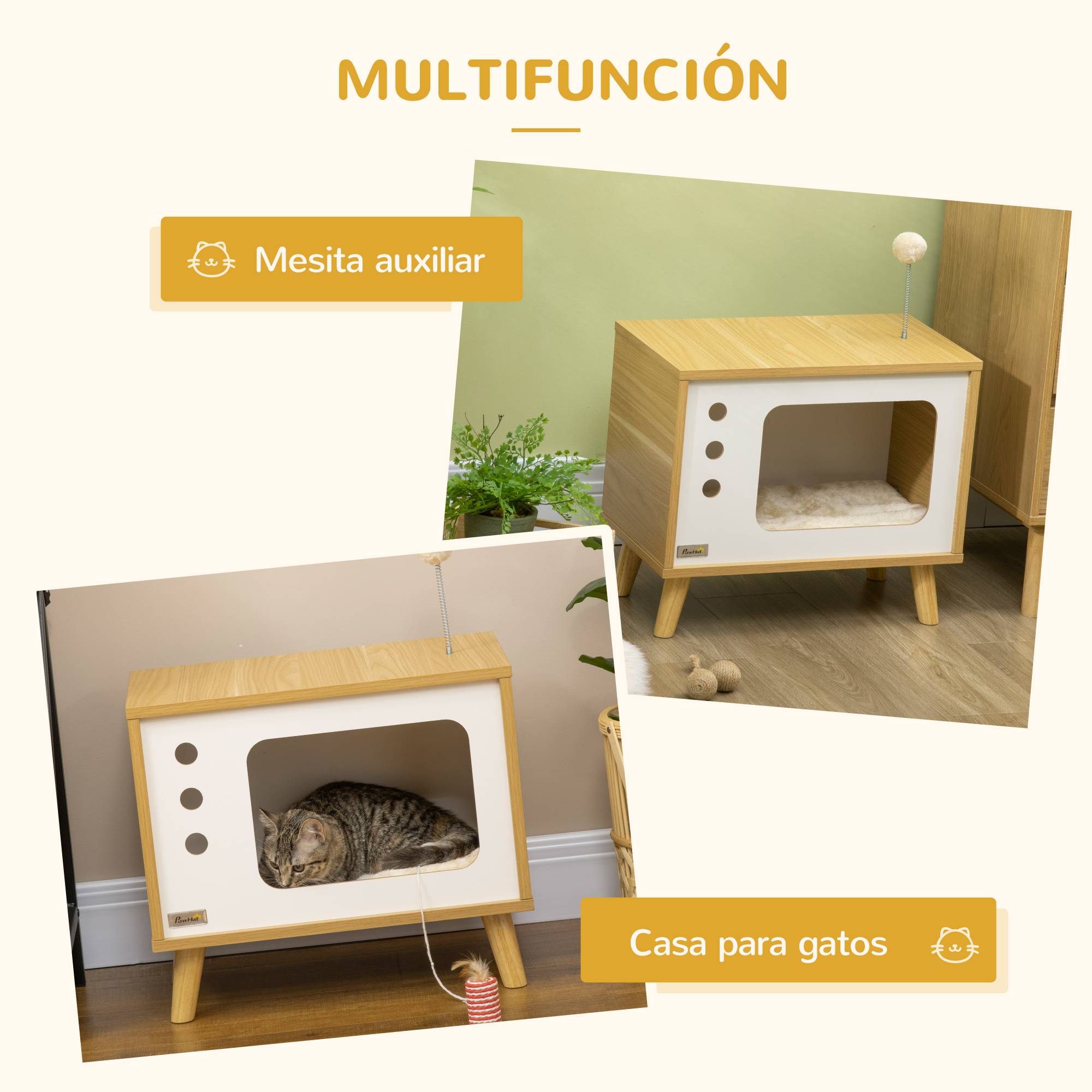 Niche pour Chat Design TV Rétro en Bois Chêne Meuble d'Appoint avec Coussin et Balle de Jeu - ComfortXL Outdoor Living - Image 6