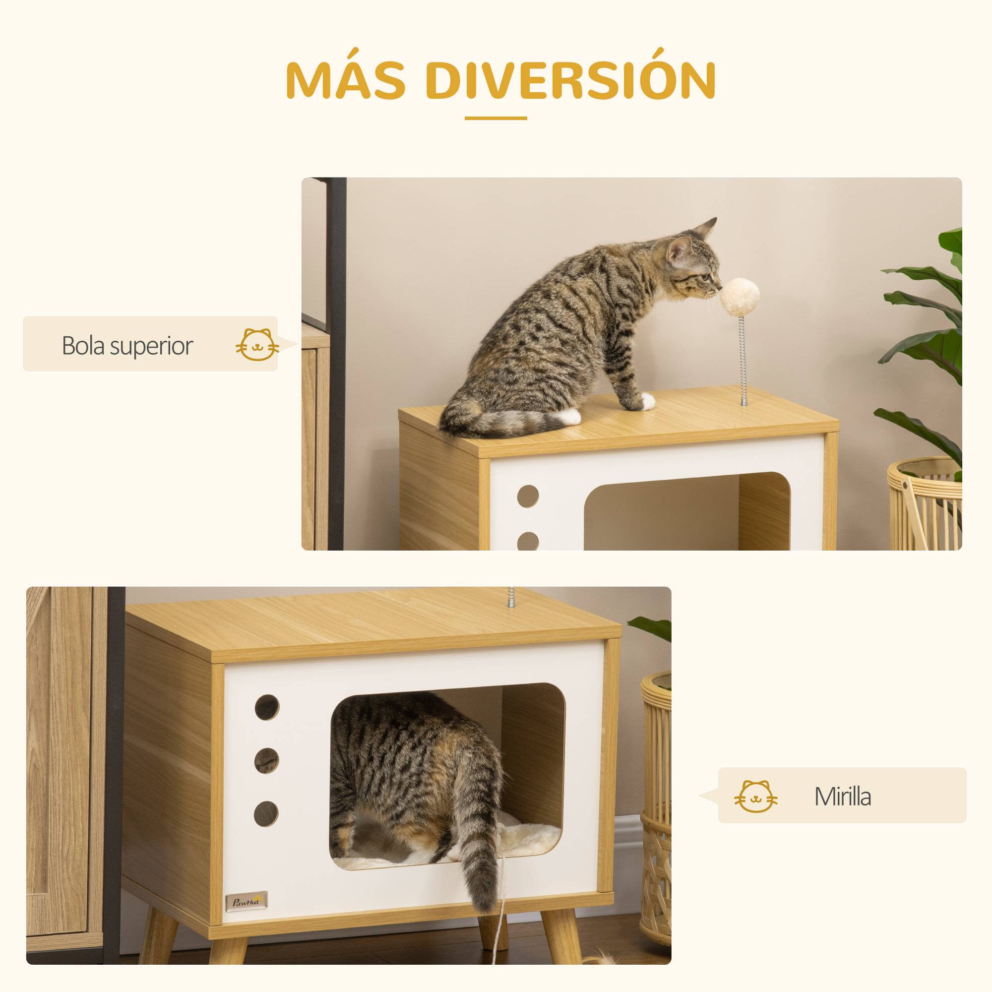 Niche pour Chat Design TV Rétro en Bois Chêne Meuble d'Appoint avec Coussin et Balle de Jeu - ComfortXL Outdoor Living - Image 8