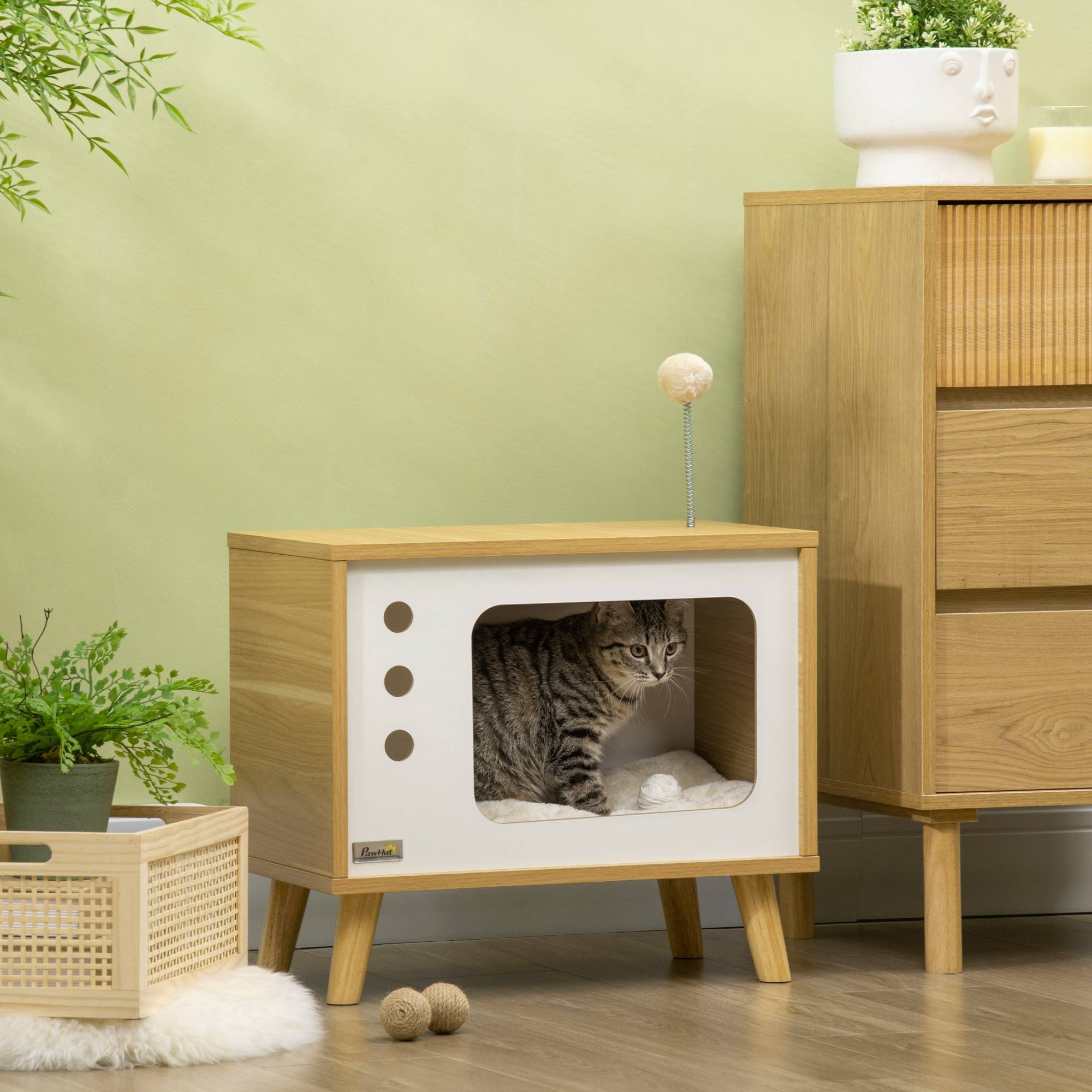 Niche pour Chat Design TV Rétro en Bois Chêne Meuble d'Appoint avec Coussin et Balle de Jeu - ComfortXL Outdoor Living - Image 4