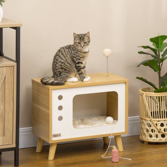 Niche pour Chat Design TV Rétro en Bois Chêne Meuble d'Appoint avec Coussin et Balle de Jeu - ComfortXL Outdoor Living - Image 3