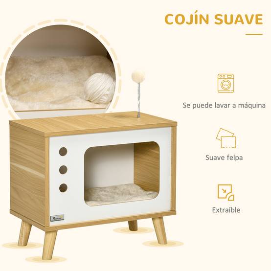 Niche pour Chat Design TV Rétro en Bois Chêne Meuble d'Appoint avec Coussin et Balle de Jeu - ComfortXL Outdoor Living - Image 7