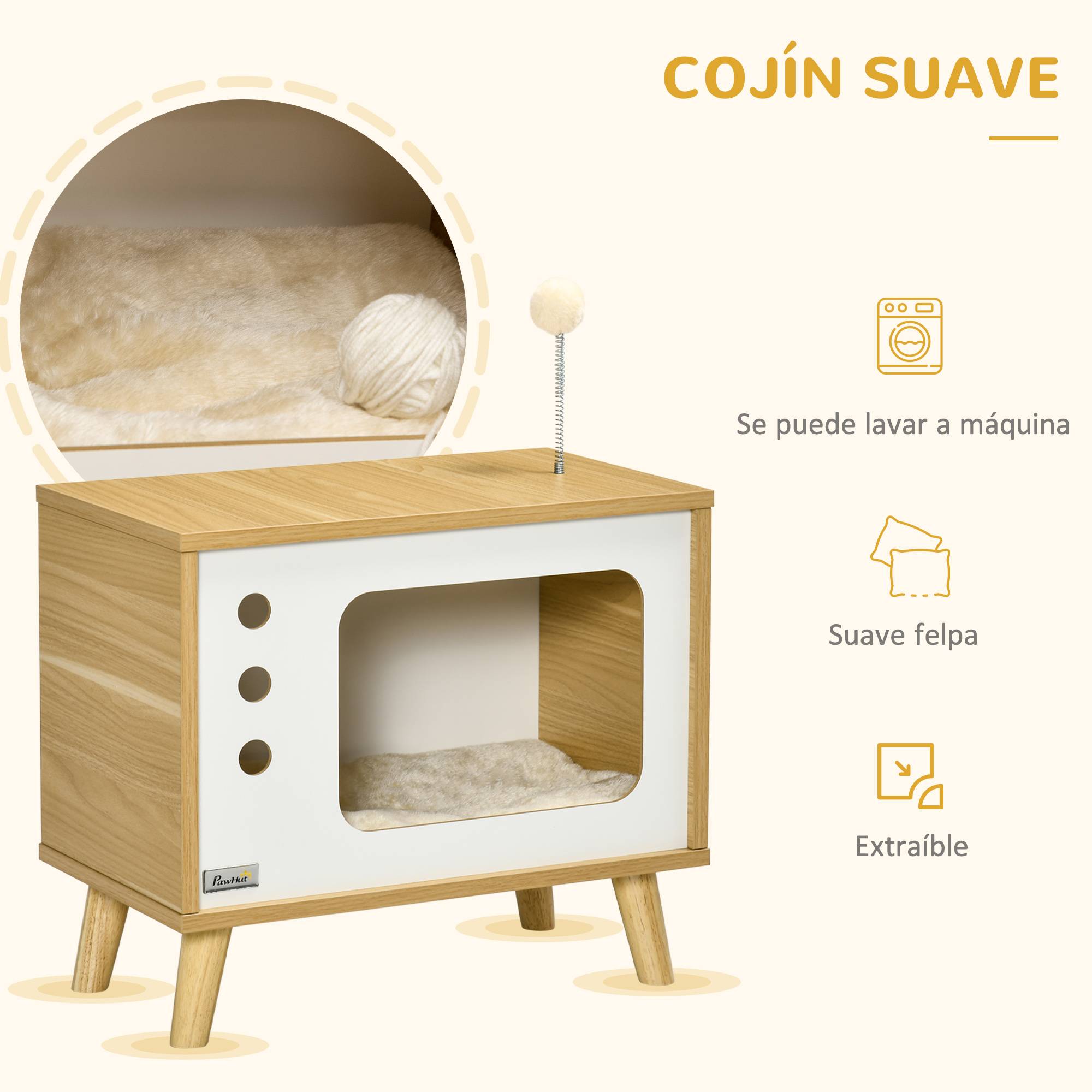 Niche pour Chat Design TV Rétro en Bois Chêne Meuble d'Appoint avec Coussin et Balle de Jeu - ComfortXL Outdoor Living - Image 7
