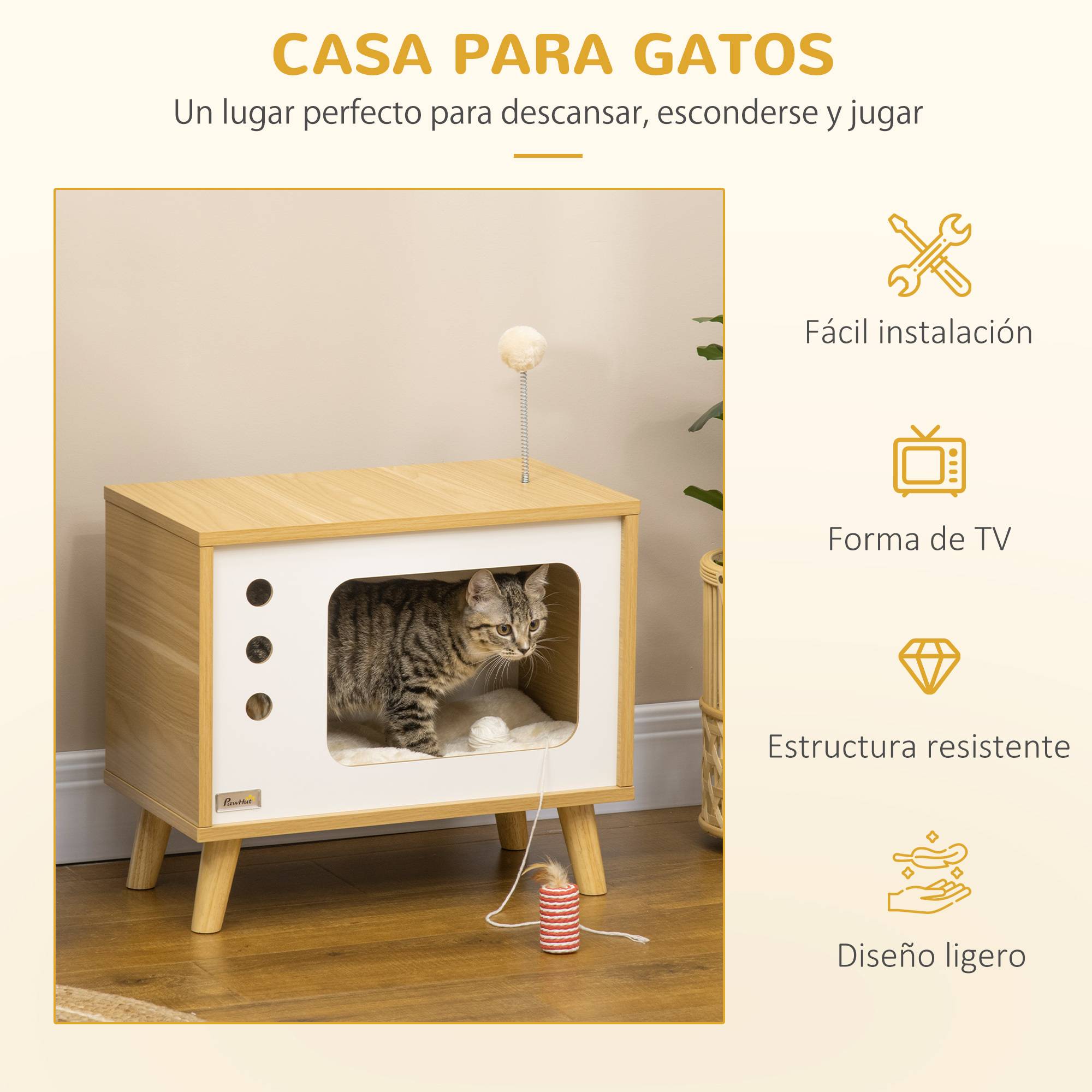 Niche pour Chat Design TV Rétro en Bois Chêne Meuble d'Appoint avec Coussin et Balle de Jeu - ComfortXL Outdoor Living - Image 9