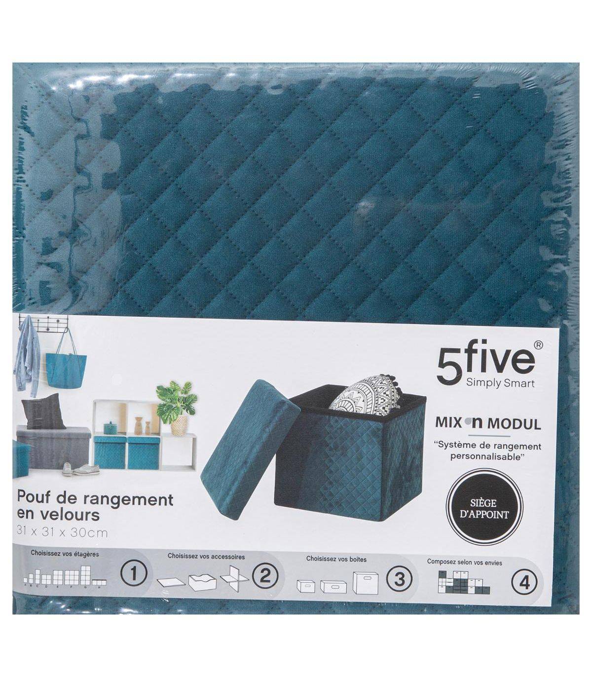 2 en 1 Pouf et Coffre de rangement en velours Bleu 31 x 31 cm - Image 4