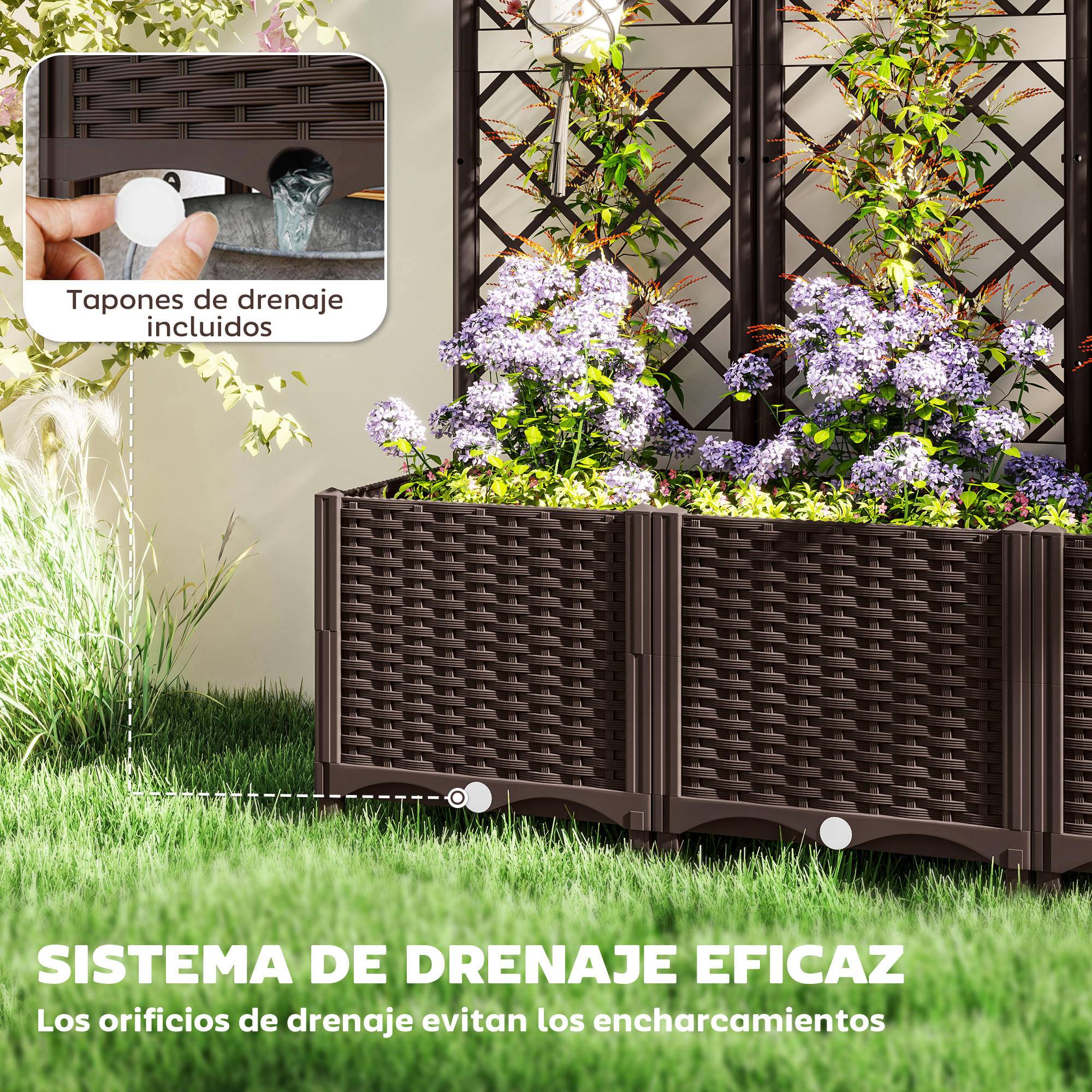 Jardinière avec treillis en plastique pour plantes grimpantes, drainage et grand espace de culture, 120 x 40 x 135 cm, marron - Image 8