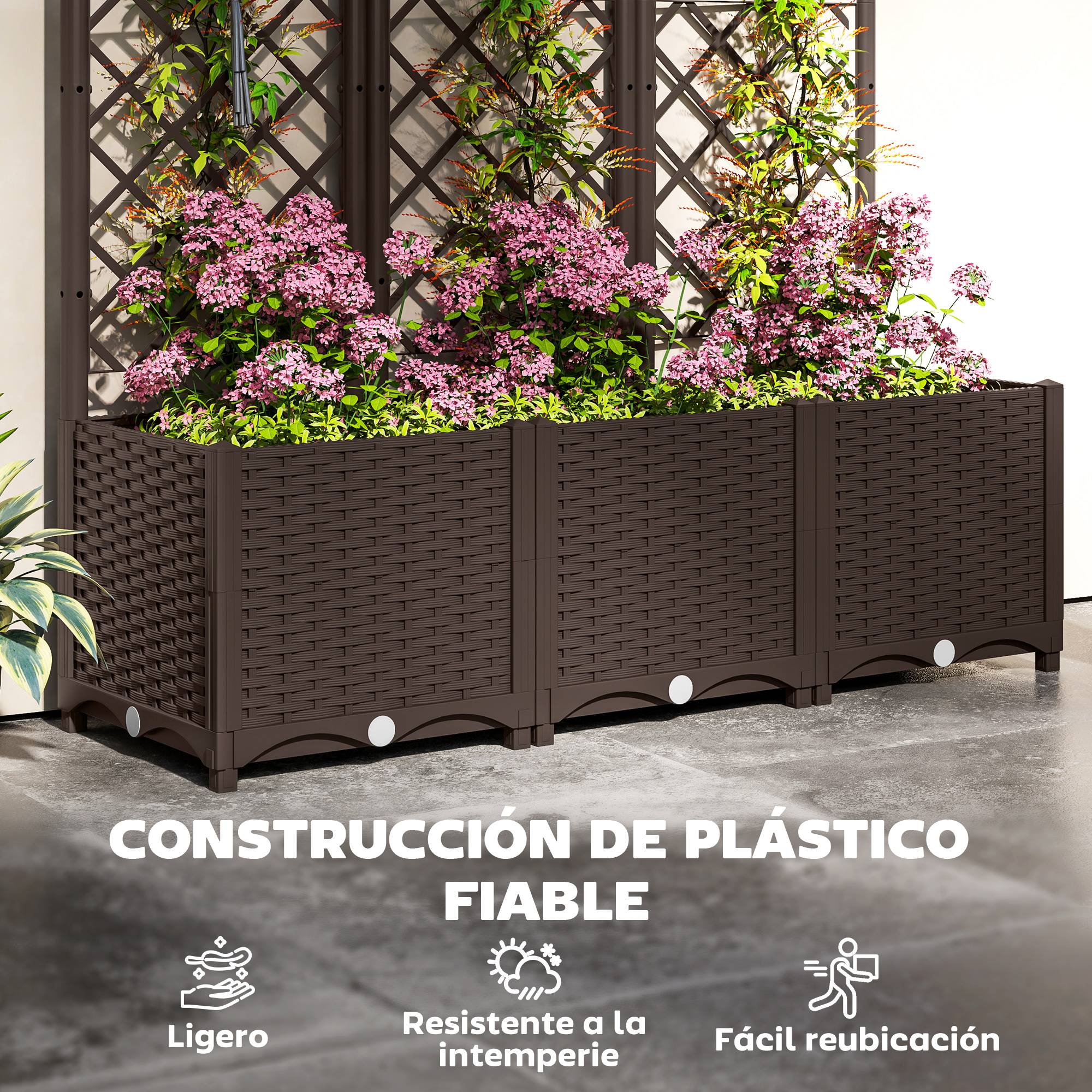 Jardinière avec treillis en plastique pour plantes grimpantes, drainage et grand espace de culture, 120 x 40 x 135 cm, marron - Image 7