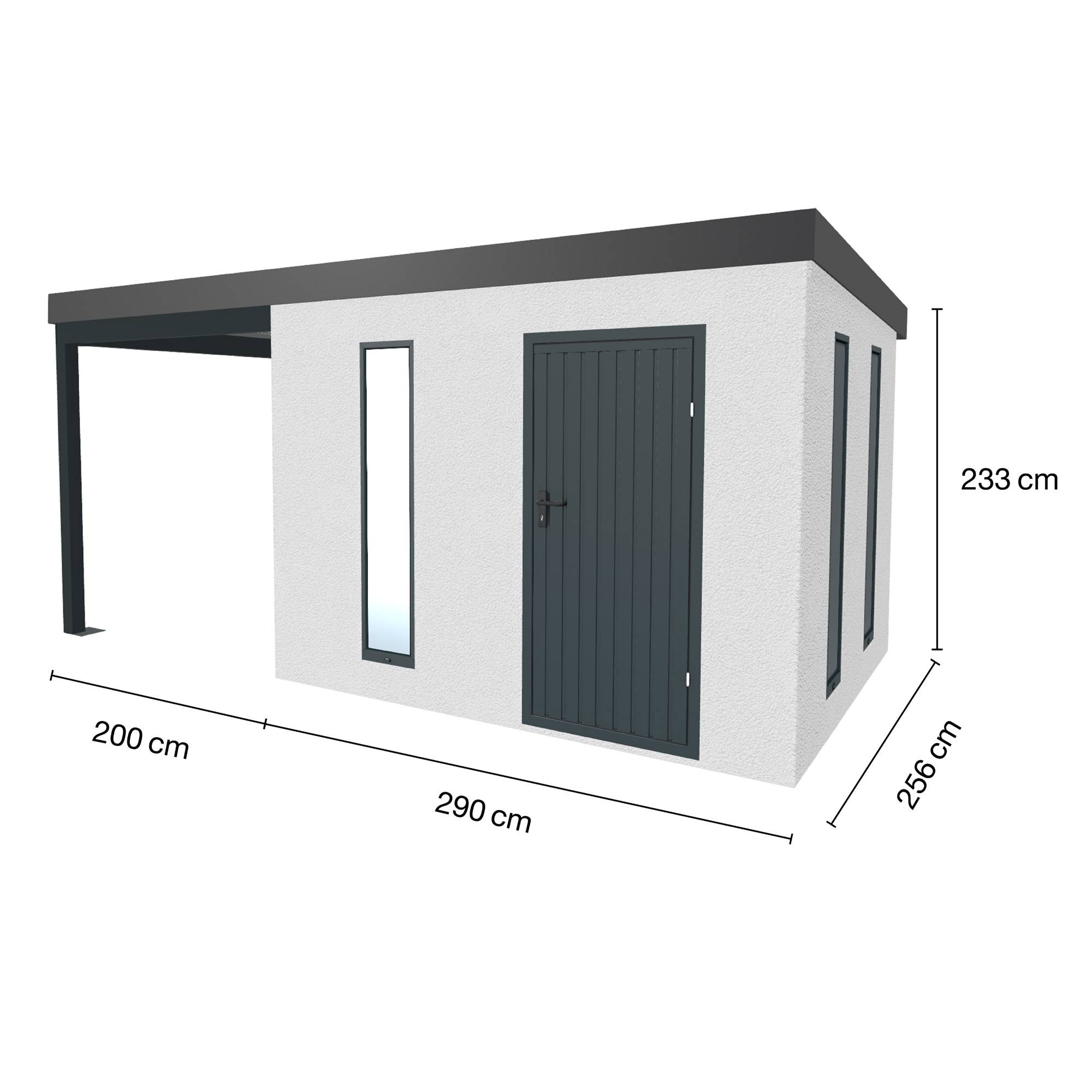 Abri de jardin en métal finition crépi 2900 x 2560 mm blanc avec auvent à gauche 2000 x 2560 mm anthracite - Image 1