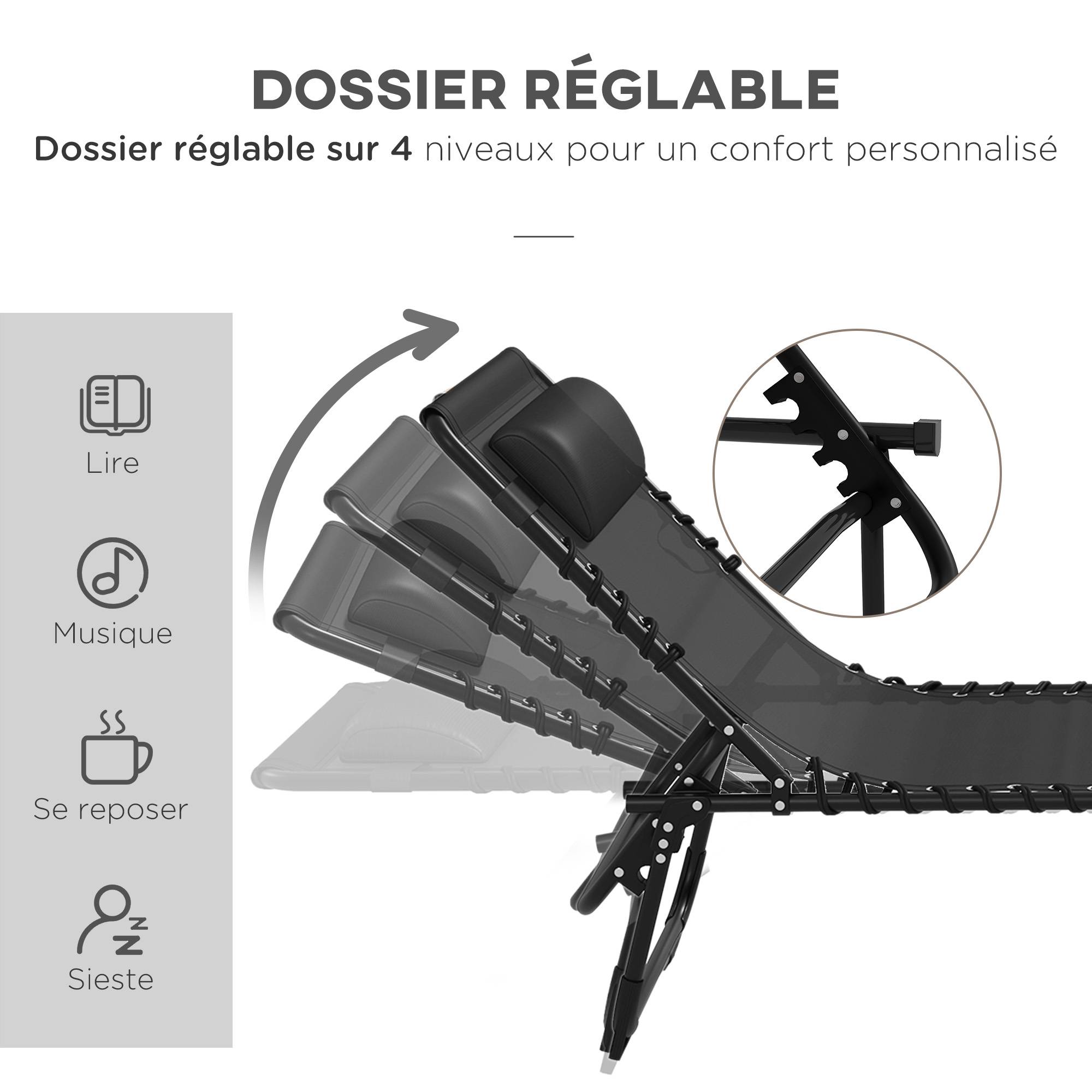 Lot de 2 bain de soleil transat pliable dossier inclinable - 189x58x30cm Acier Noir fr70 - Image 6