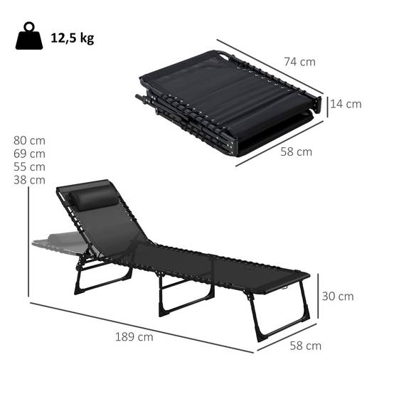 Lot de 2 bain de soleil transat pliable dossier inclinable - 189x58x30cm Acier Noir fr70 - Image 5