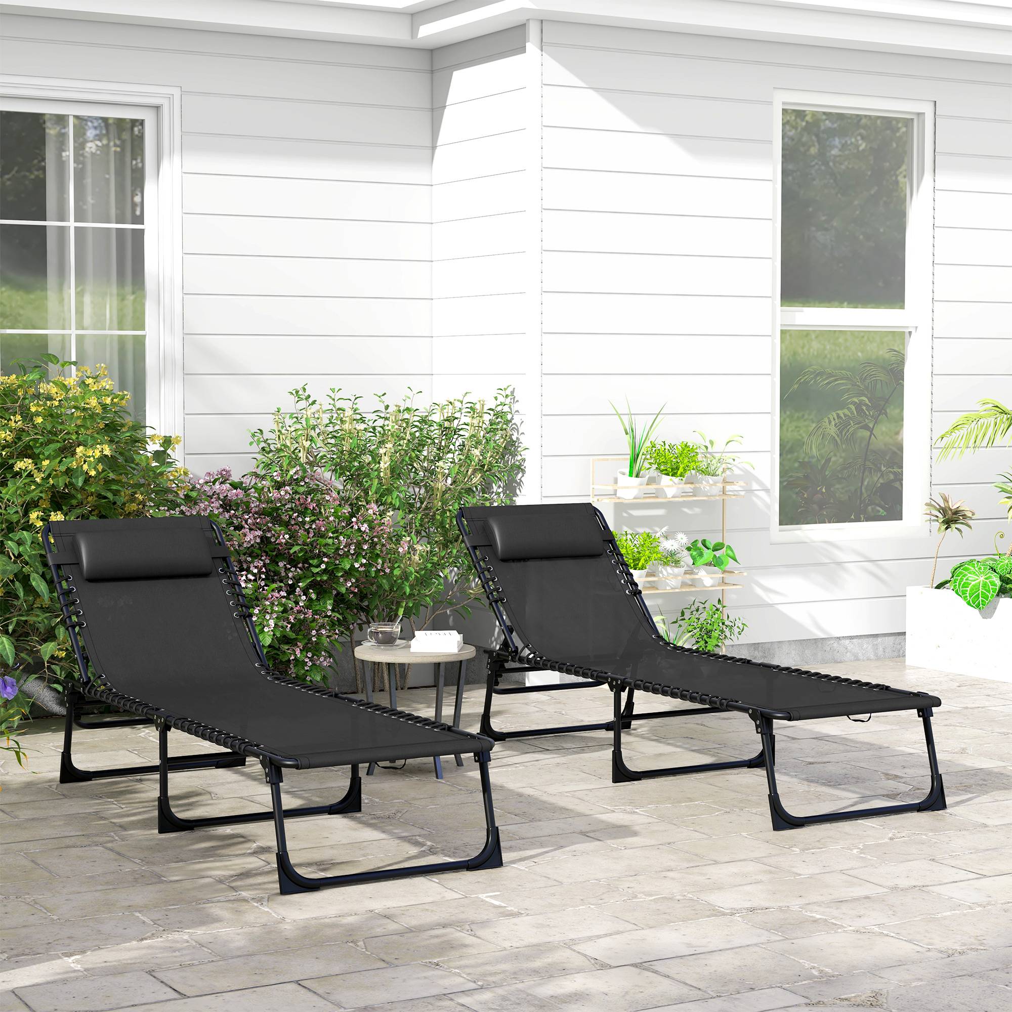 Lot de 2 bain de soleil transat pliable dossier inclinable - 189x58x30cm Acier Noir fr70 - Image 4