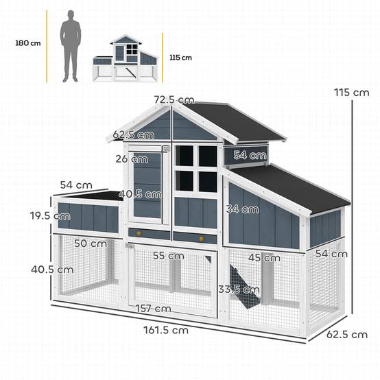 Poulailler préfabriqué en bois avec espace ouvert, maison et nid, 161,5 x 62,5 x 115 cm, gris - Image 5
