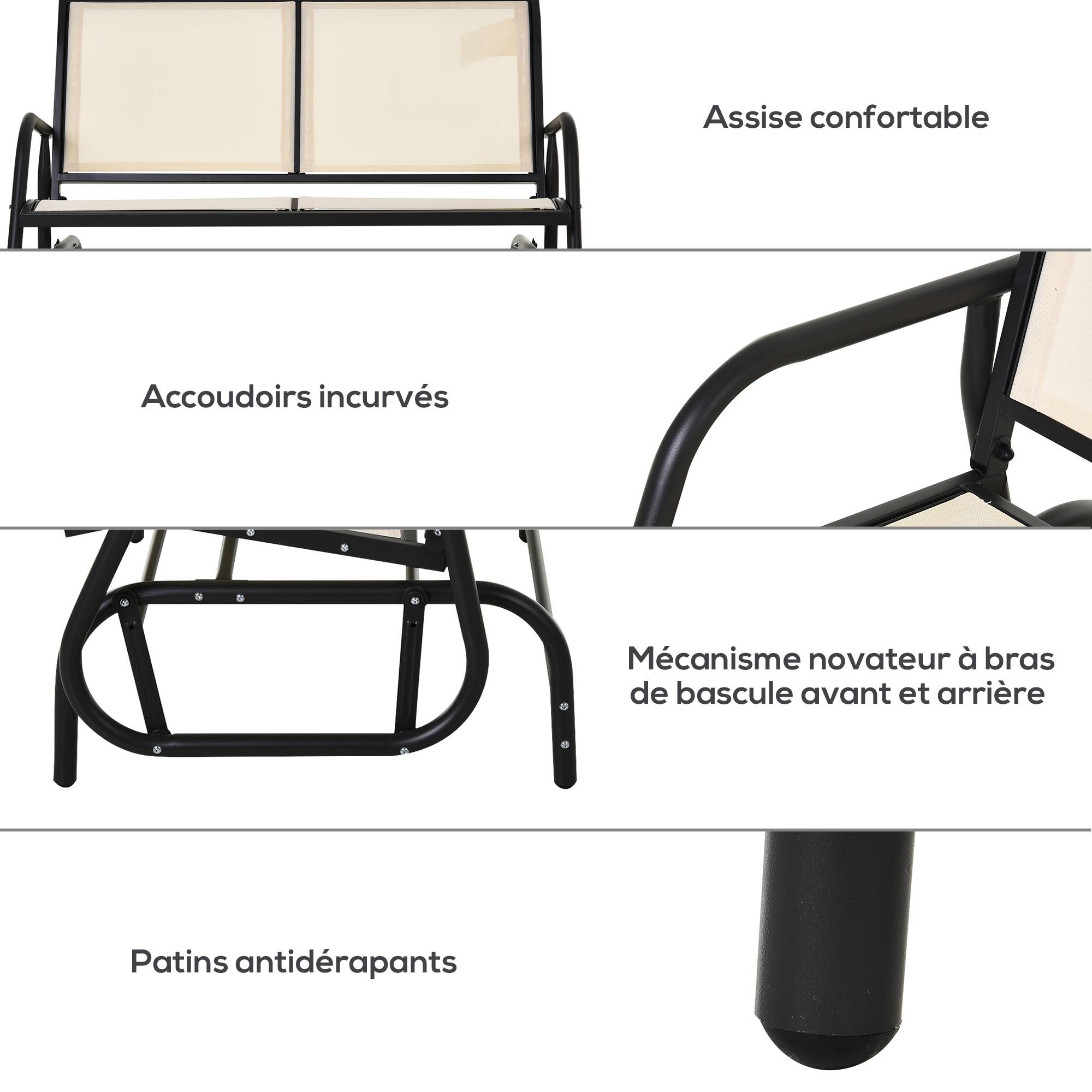 Outsunny - Banc à bascule de jardin 2 places design contemporain grand confort accoudoirs assise et dossier ergonomique acier textilène beige - Outsunny - Image 7