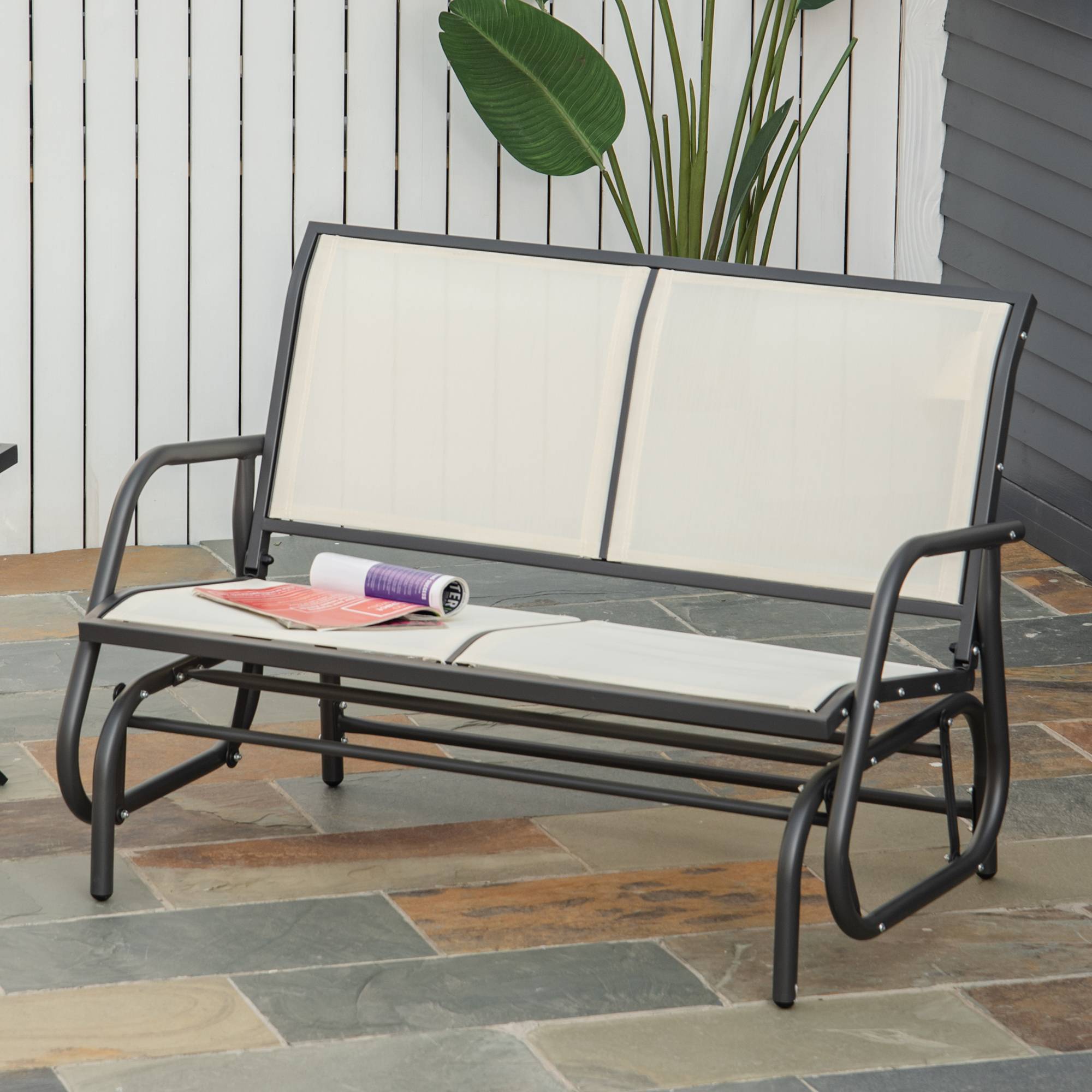 Outsunny - Banc à bascule de jardin 2 places design contemporain grand confort accoudoirs assise et dossier ergonomique acier textilène beige - Outsunny - Image 2