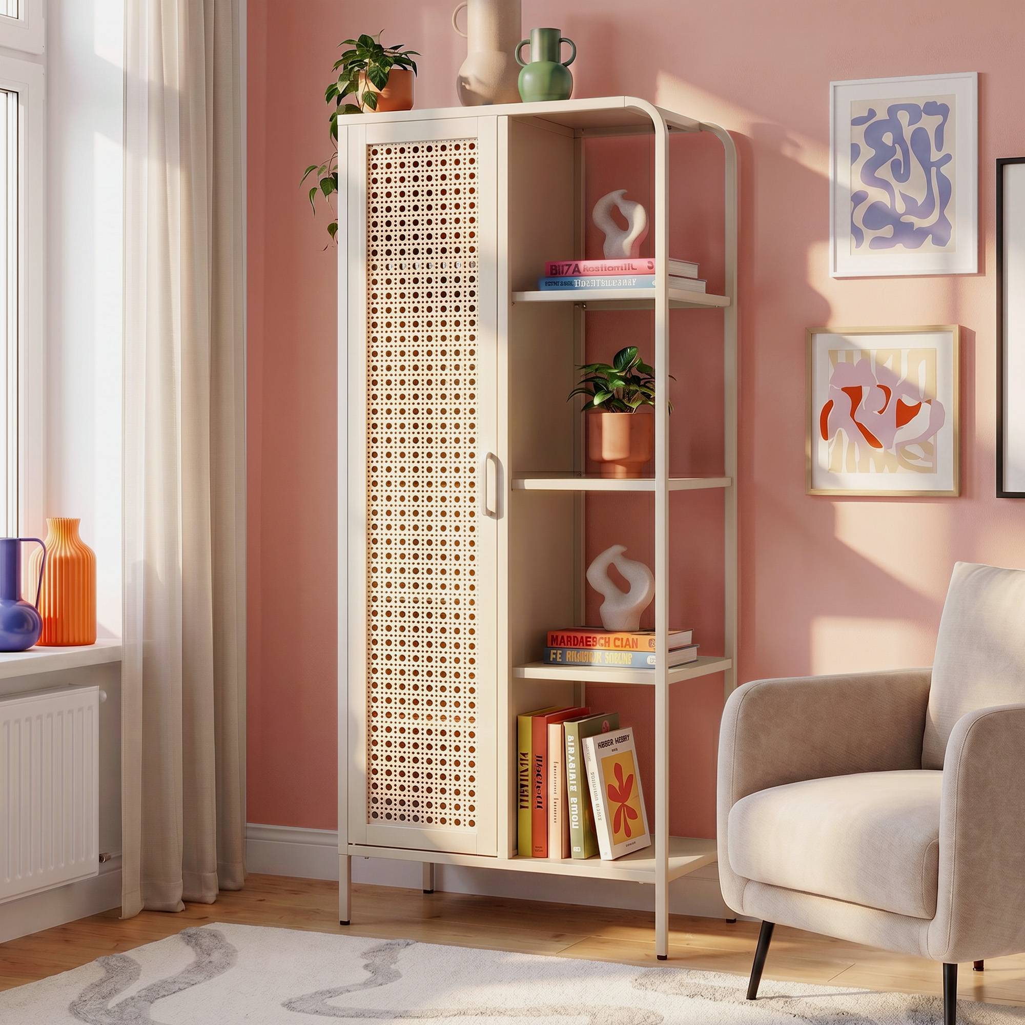 Sicaan Etagère Industrielle en métal grillagé Beige 1 Porte 4 Cases - Hera - Image 1
