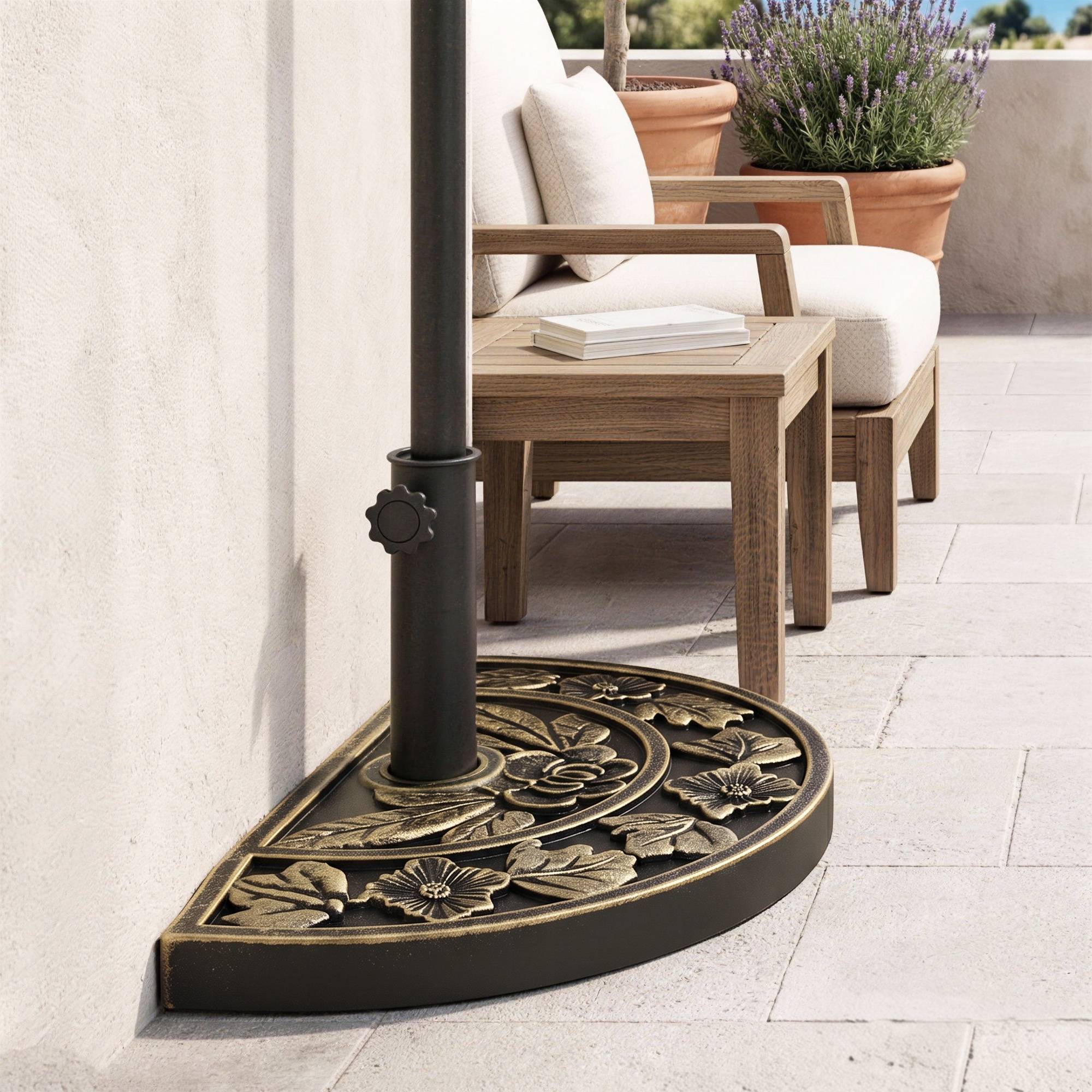Base de parasol en demi-lune Ø38 mm et Ø48 mm avec manivelle, base en résine, support mural 50x31x32 cm, bronze - Image 10
