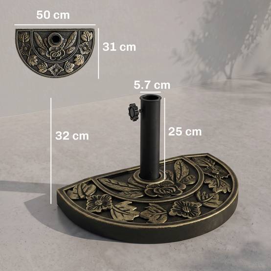 Base de parasol en demi-lune Ø38 mm et Ø48 mm avec manivelle, base en résine, support mural 50x31x32 cm, bronze - Image 5