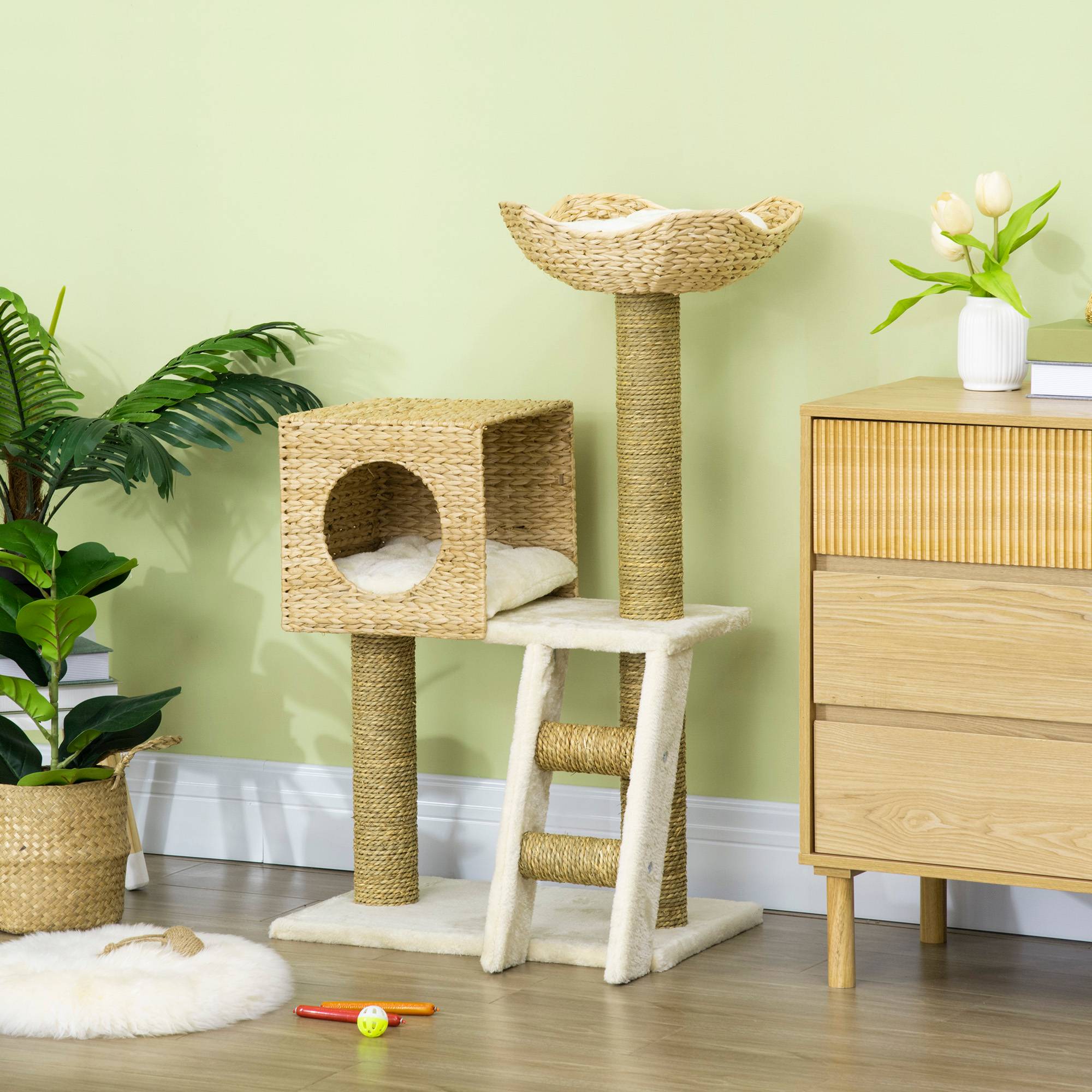 Arbre à chat design fleur en jonc d'eau tressé avec niche et lit douillet 101 cm Bois Naturel - ComfortXL Outdoor Living - Image 4