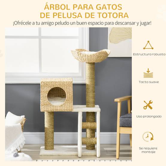 Arbre à chat design fleur en jonc d'eau tressé avec niche et lit douillet 101 cm Bois Naturel - ComfortXL Outdoor Living - Image 8