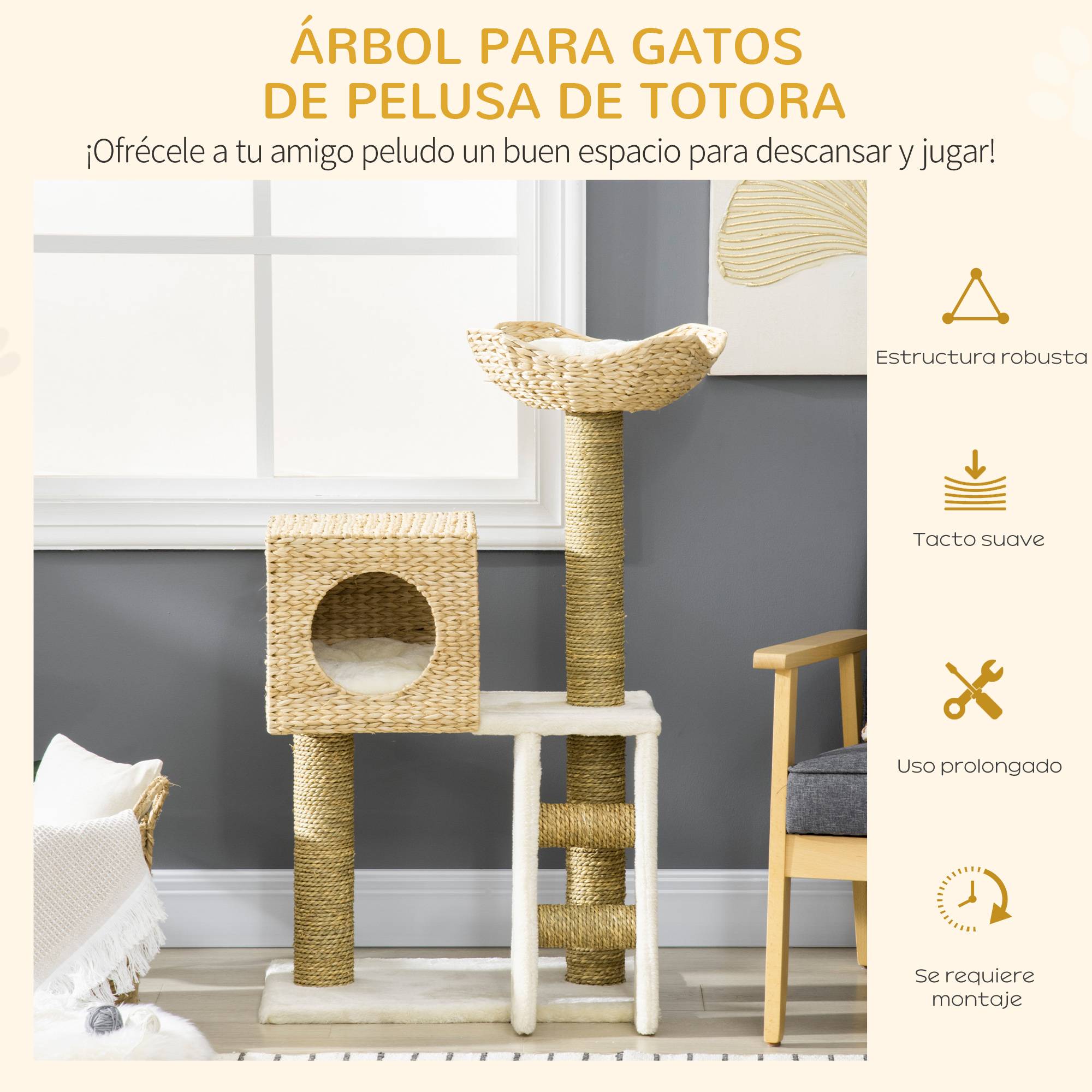 Arbre à chat design fleur en jonc d'eau tressé avec niche et lit douillet 101 cm Bois Naturel - ComfortXL Outdoor Living - Image 8