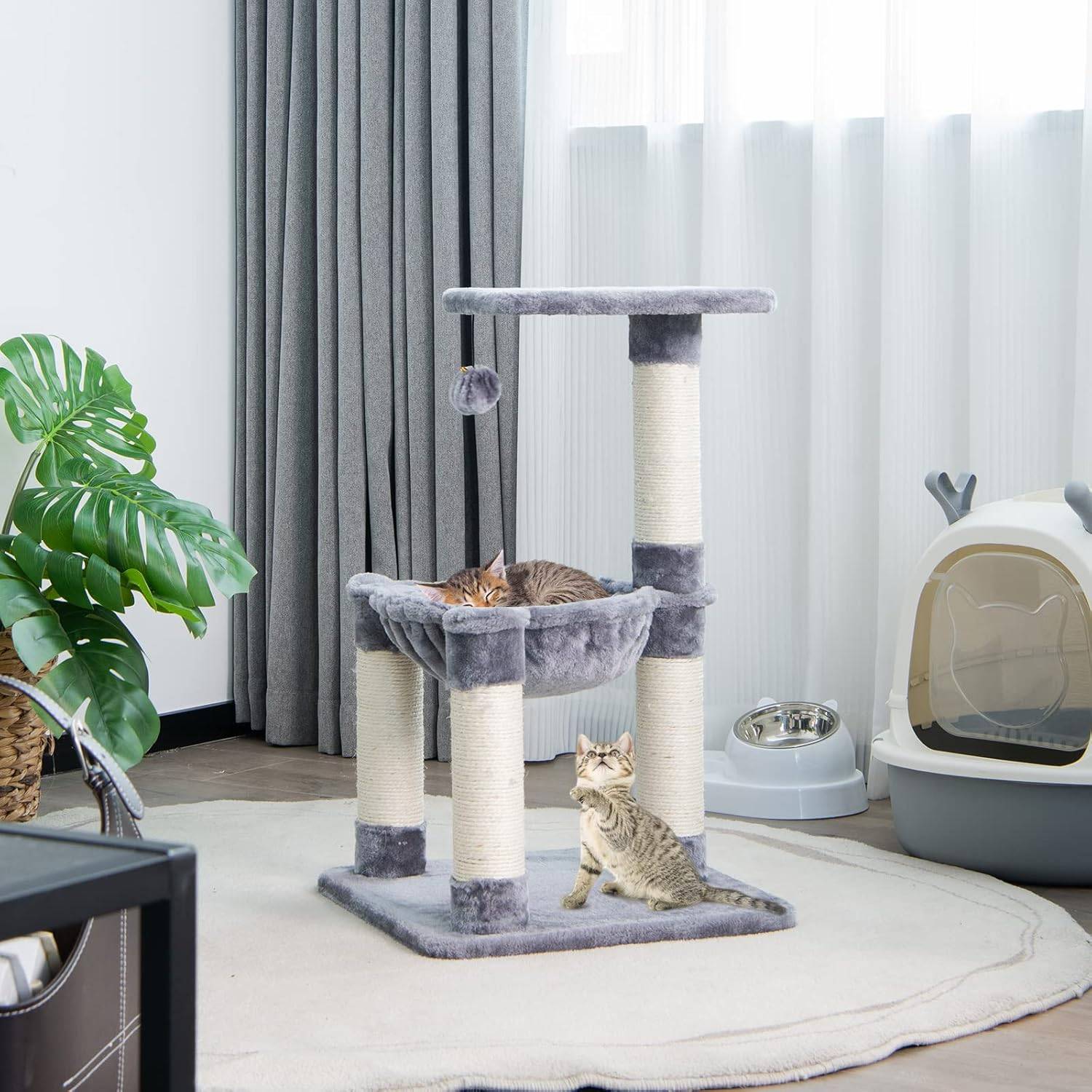 Arbre à Chat Griffoir Recouverts de Sisal, Hamac Confortable,40 x 40 x 64 cm Arbre d'Activité Gris - Image 2