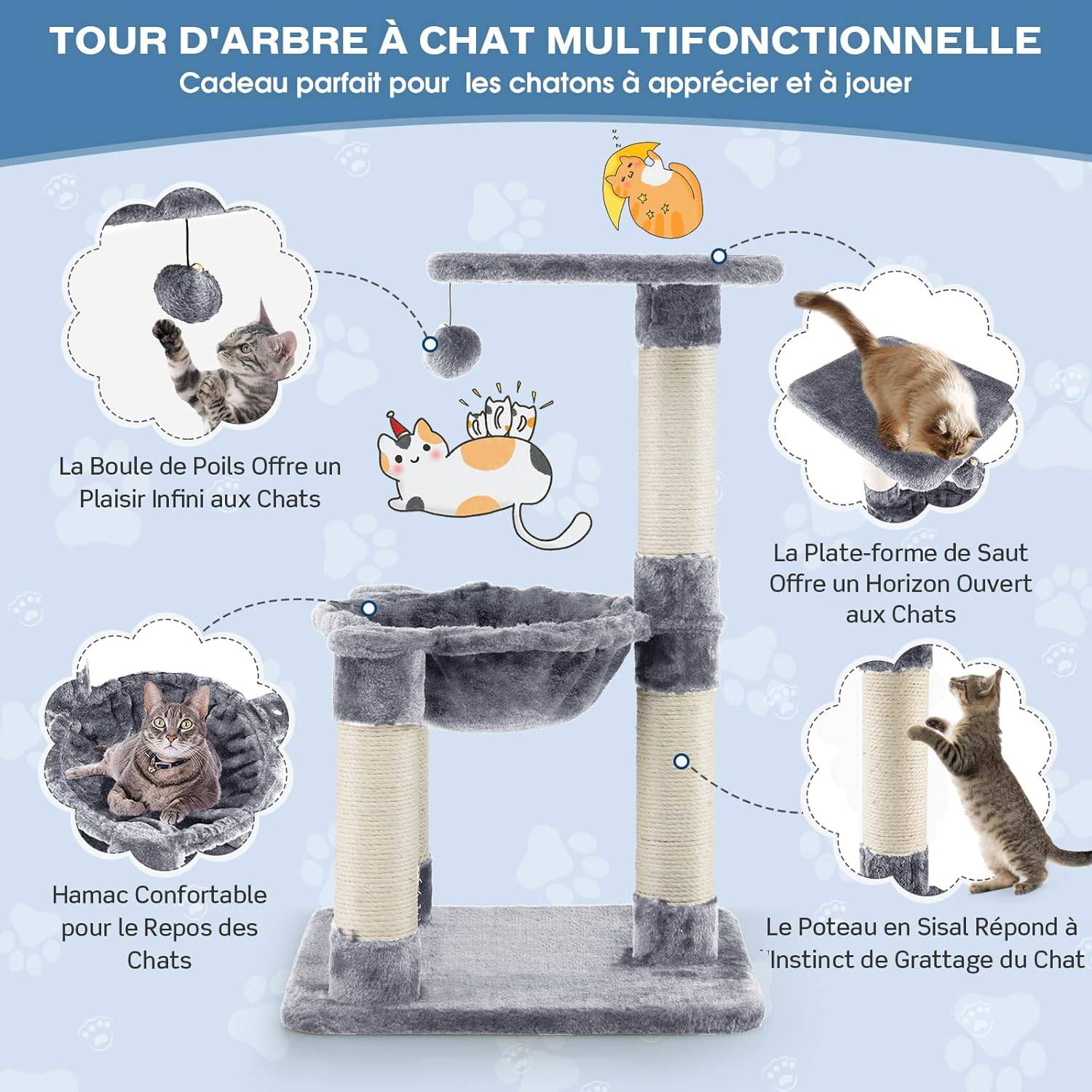 Arbre à Chat Griffoir Recouverts de Sisal, Hamac Confortable,40 x 40 x 64 cm Arbre d'Activité Gris - Image 3