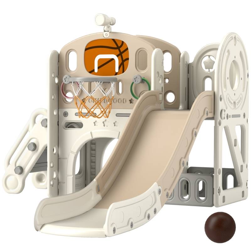Jouet enfant 7-en-1 toboggan, aire de jeu intérieure avec rangement et tunnel de rampement, 186x153x111 cm, blanc crème - Image 1