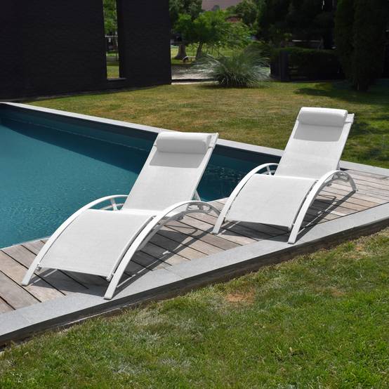 Happy Garden - Lot de 2 transats GALAPAGOS en textilène blanc - aluminium blanc - HAPPY GARDEN - Image 2